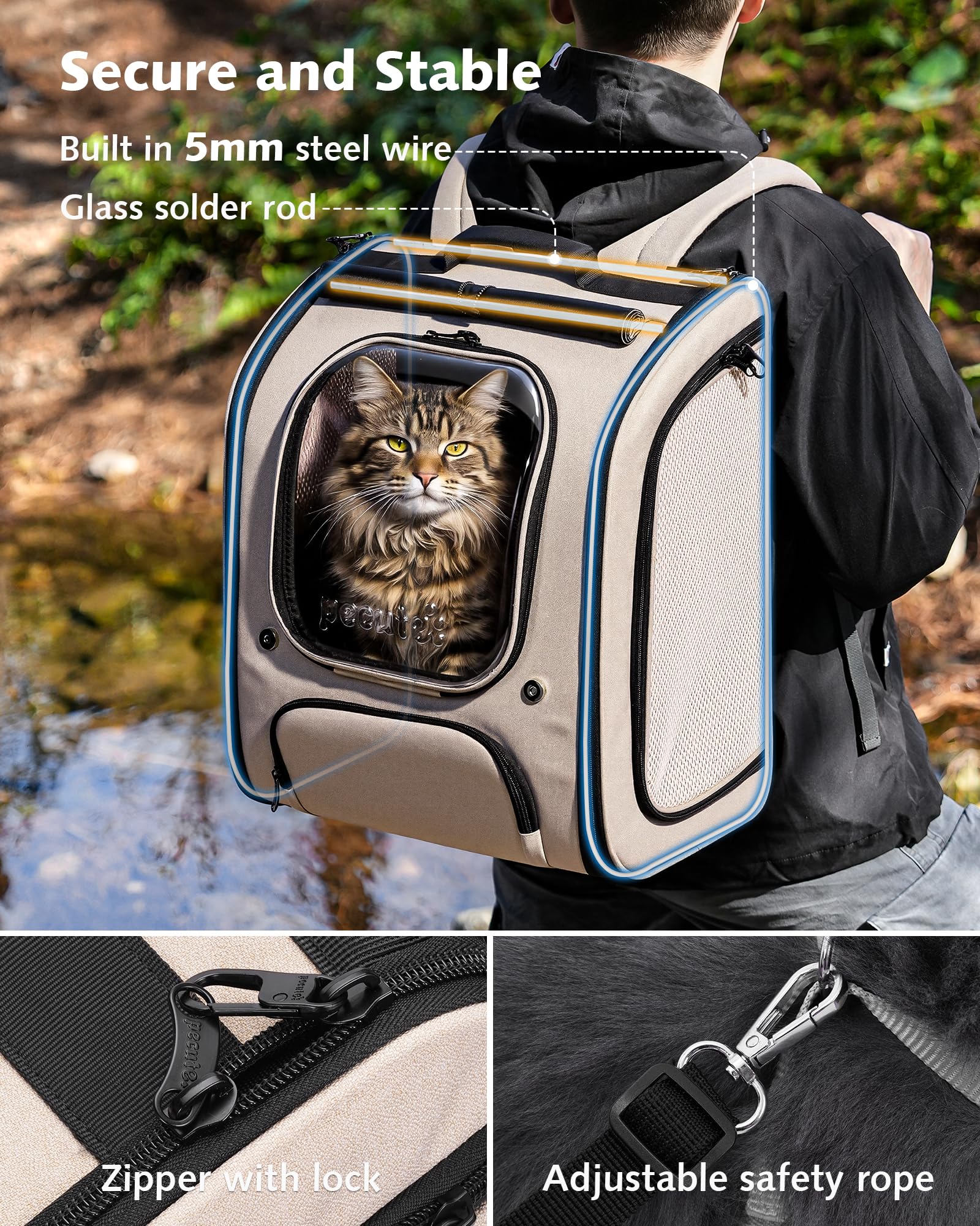 pecute Katzenrucksack Bubble Haustier Rucksack mit Netzfenster, Tragbare und Faltbare Katzentasche, Atmungsaktive und Leichte Hundetasche für Hunde Katzen Haustiere, Khaki (48 * 38 * 28cm)