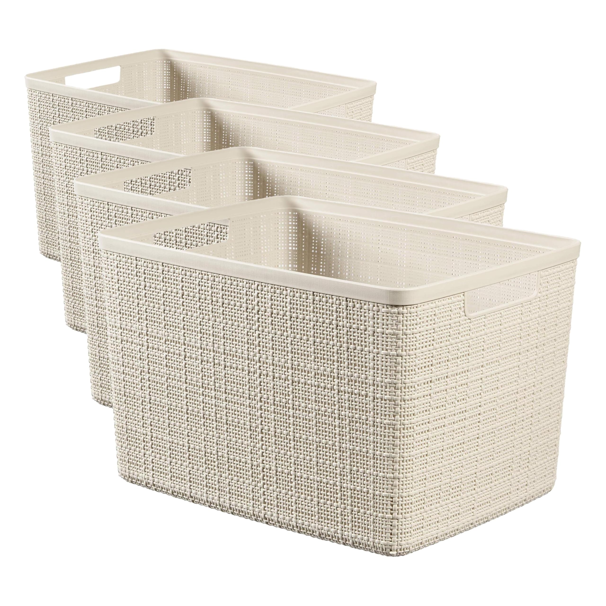 Curver Juliet- Cesta Rectangular Grande 20L, Almacenaje, Ordenación, 100% plástico Reciclado, Acabado Yute, 36x28xH23 cm, Blanco (Paquete de 4)