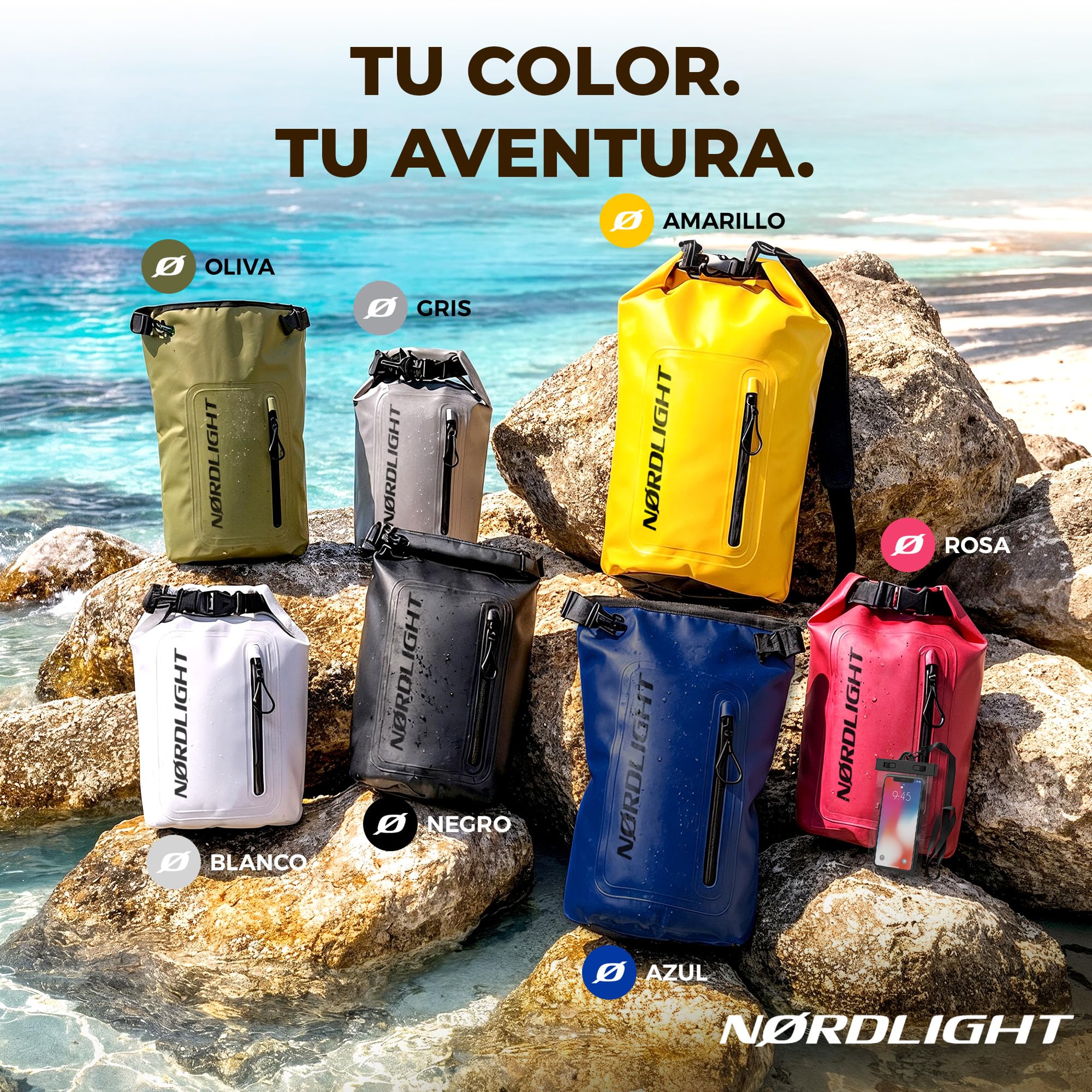 Nordlight Bolsa Estanca Impermeable + Funda para Móvil, Cierre Enrollable, Correa para Hombro | Drybag Mochila Impermeable Saco Estanco Bolsa de Transporte Náutica | Playa Sup - Amarillo, 30 litros