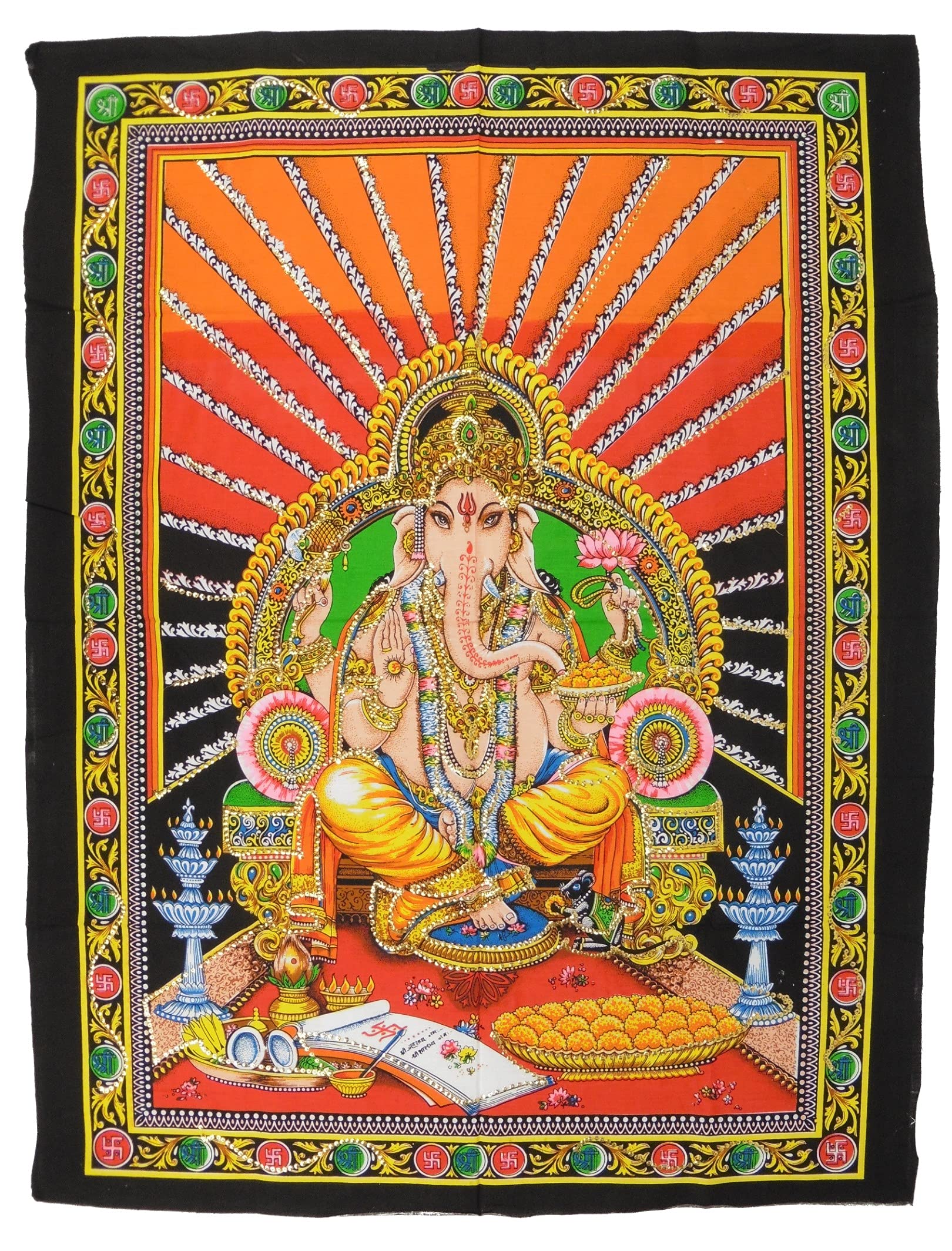 Pilgrims Fair Trade Sequin Cotton Shrine Picture Wall Art Hindu God Ganesh 80 x 110 cm