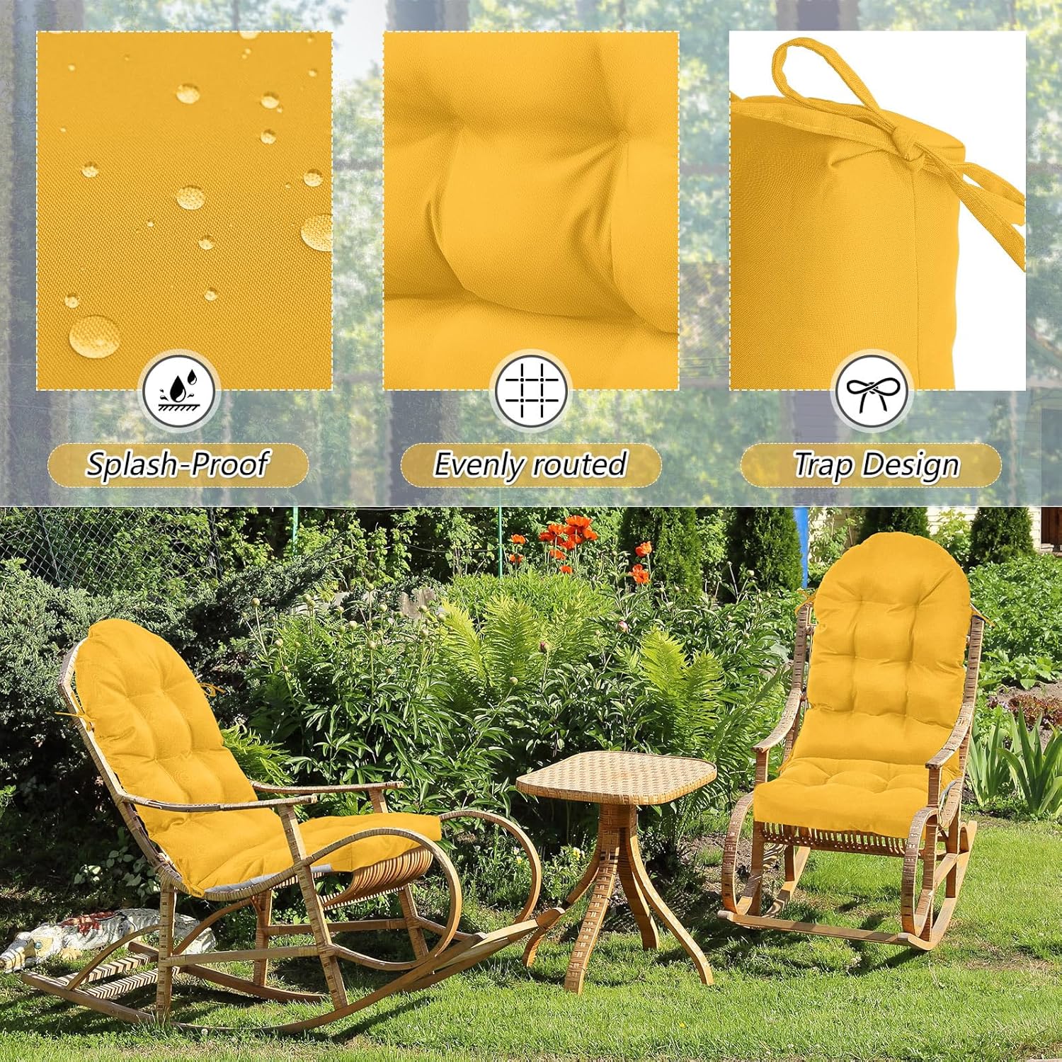 Geelin 2 Pcs Outdoor Patio Chair Cushion Thick High Back Adirondack Chair Cushion Tufted Weather & Fade Resistant Anti-Slip Outside Rocking Chairs Pads with Ties, 44 x 19 x 4 Inch (Amber)