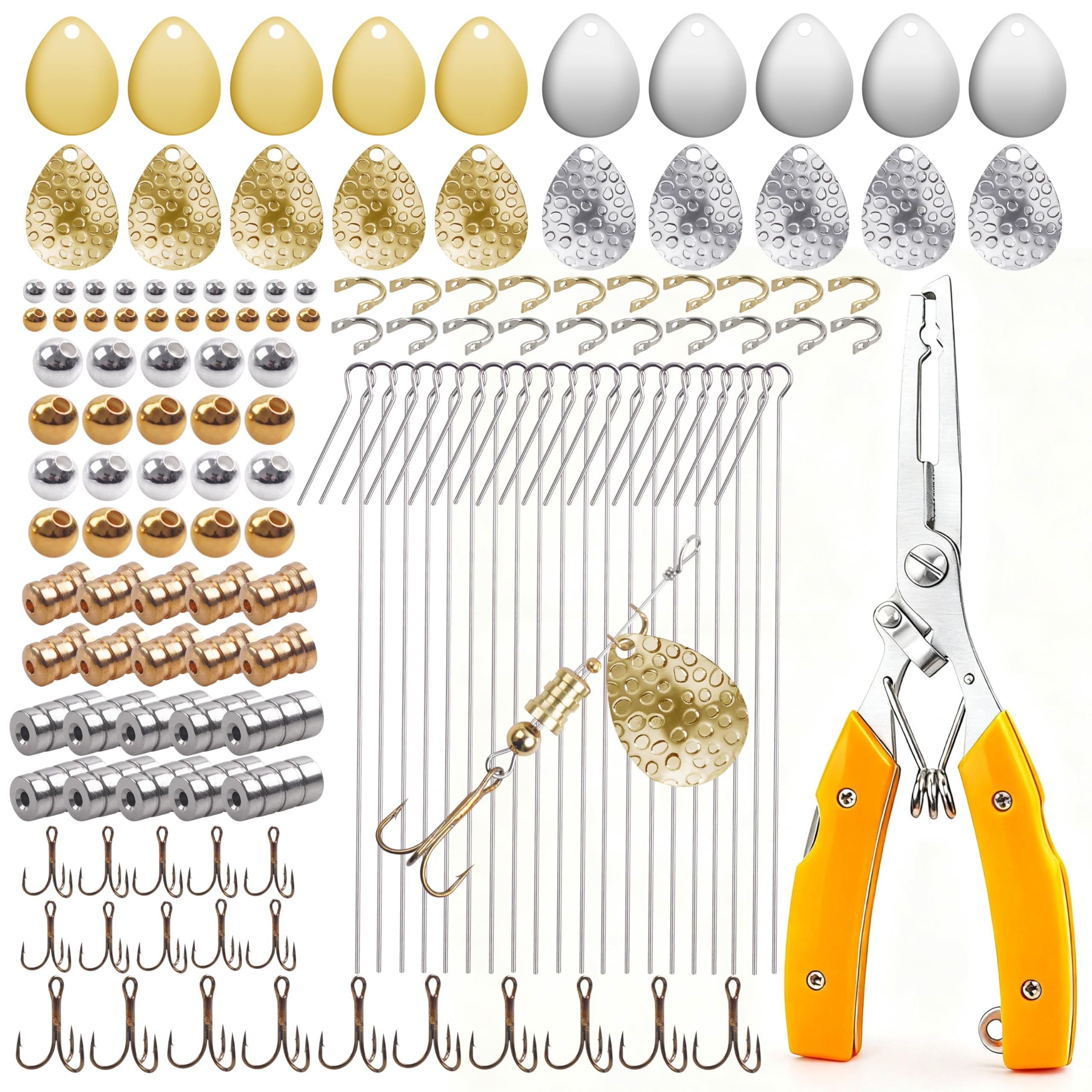 Fishing Spinner Lures Making Kit,141pcs Inline Spinner Colorado Blades Clevis Sharf Treble Hooks Pliers Spinnerbaits Accessories for DIY Fishing Lure Making Supplies Tackle