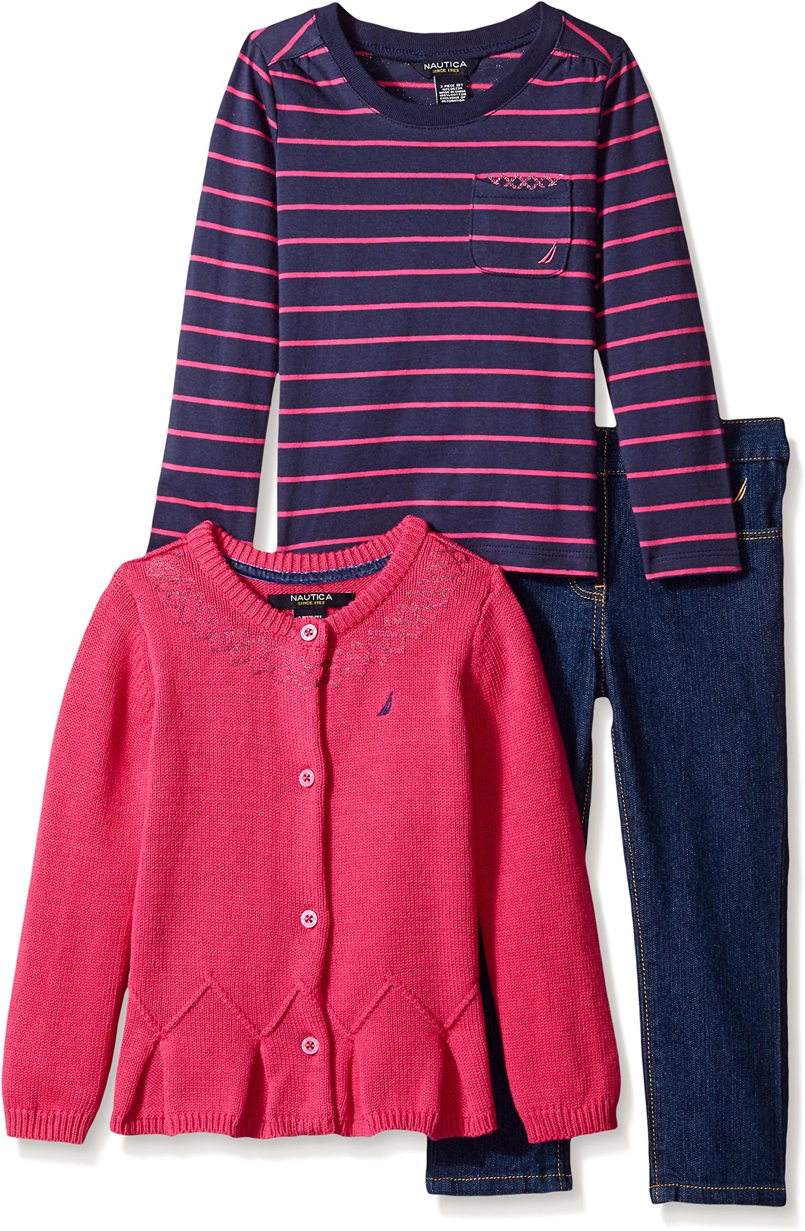 Nautica Girls' 3 Piece Set 7GG Sweater with Yarn Dye Top and Denim Pant