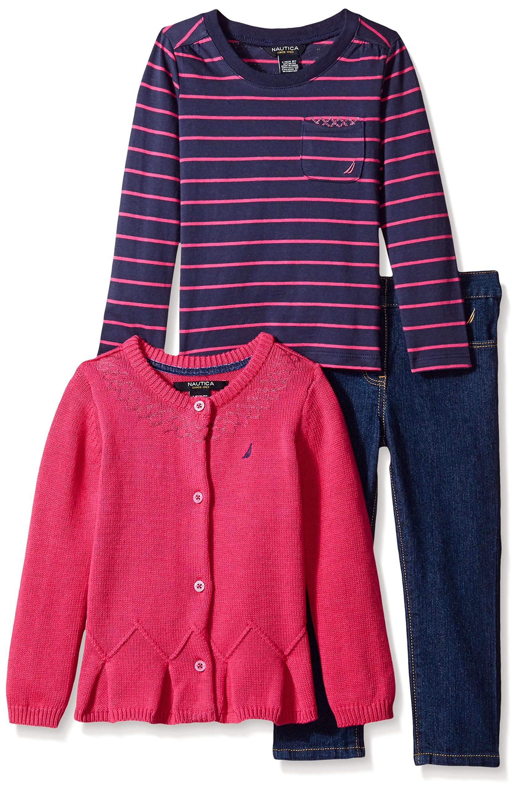 Nautica Girls' 3 Piece Set 7GG Sweater with Yarn Dye Top and Denim Pant