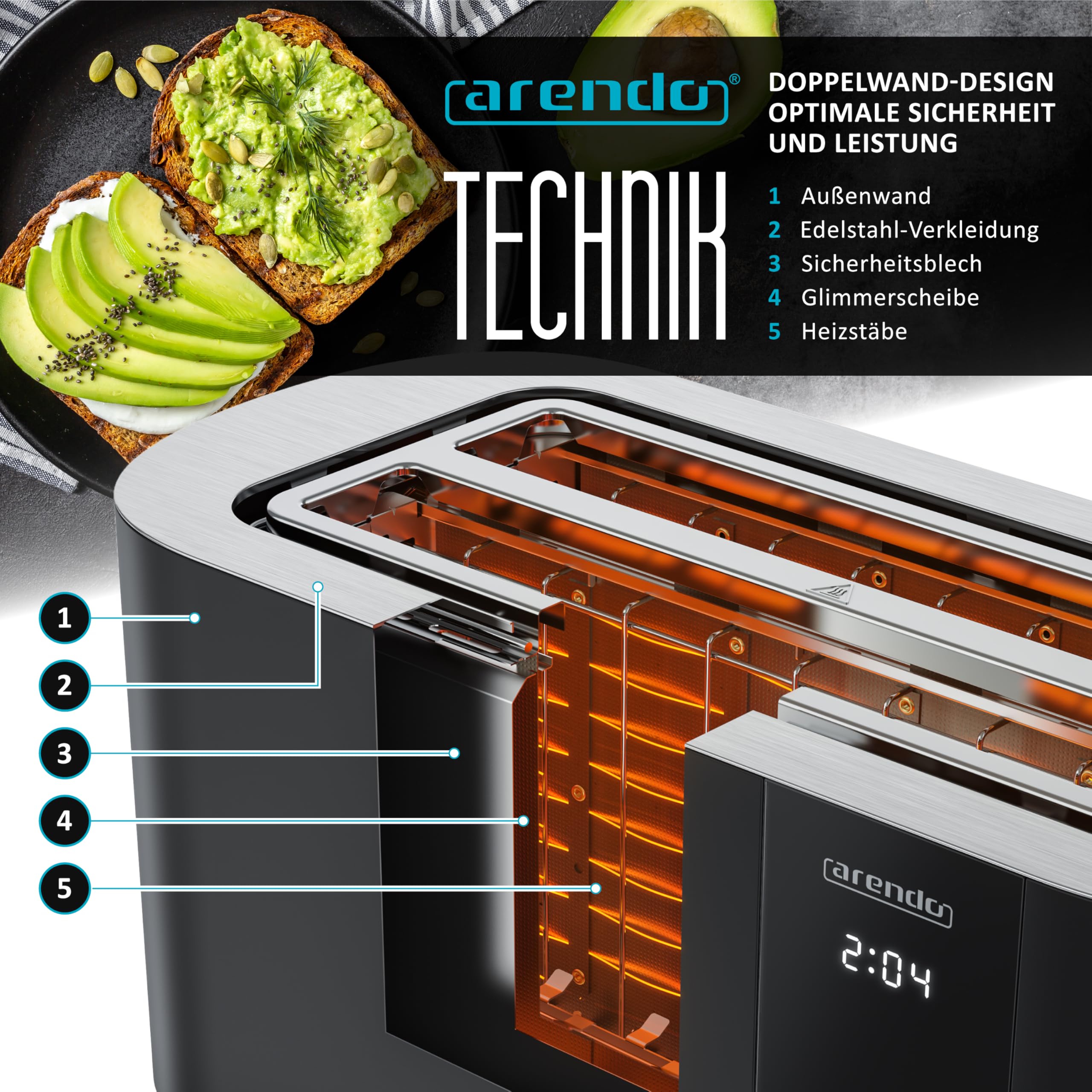 Arendo - Edelstahl Toaster 4 Scheiben Langschlitz - Touchscreen – Doppelwandgehäuse – 1500 W – Integrierter Brötchenaufsatz – 6 Bräunungsgrade – Brotzentrierung – Restzeitanzeige – Memoryfunktion