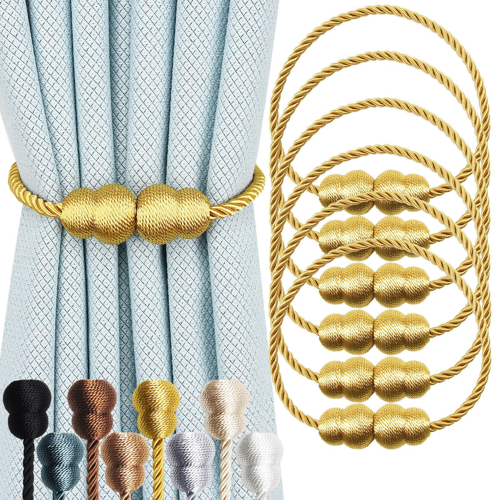 Hangtty Magnetic Curtain Tiebacks 6 Pack Rope Decorative Curtain Tie Backs Elegant Curtain Holders for Drapes Outdoor Window Treatment Holdbacks, Gold