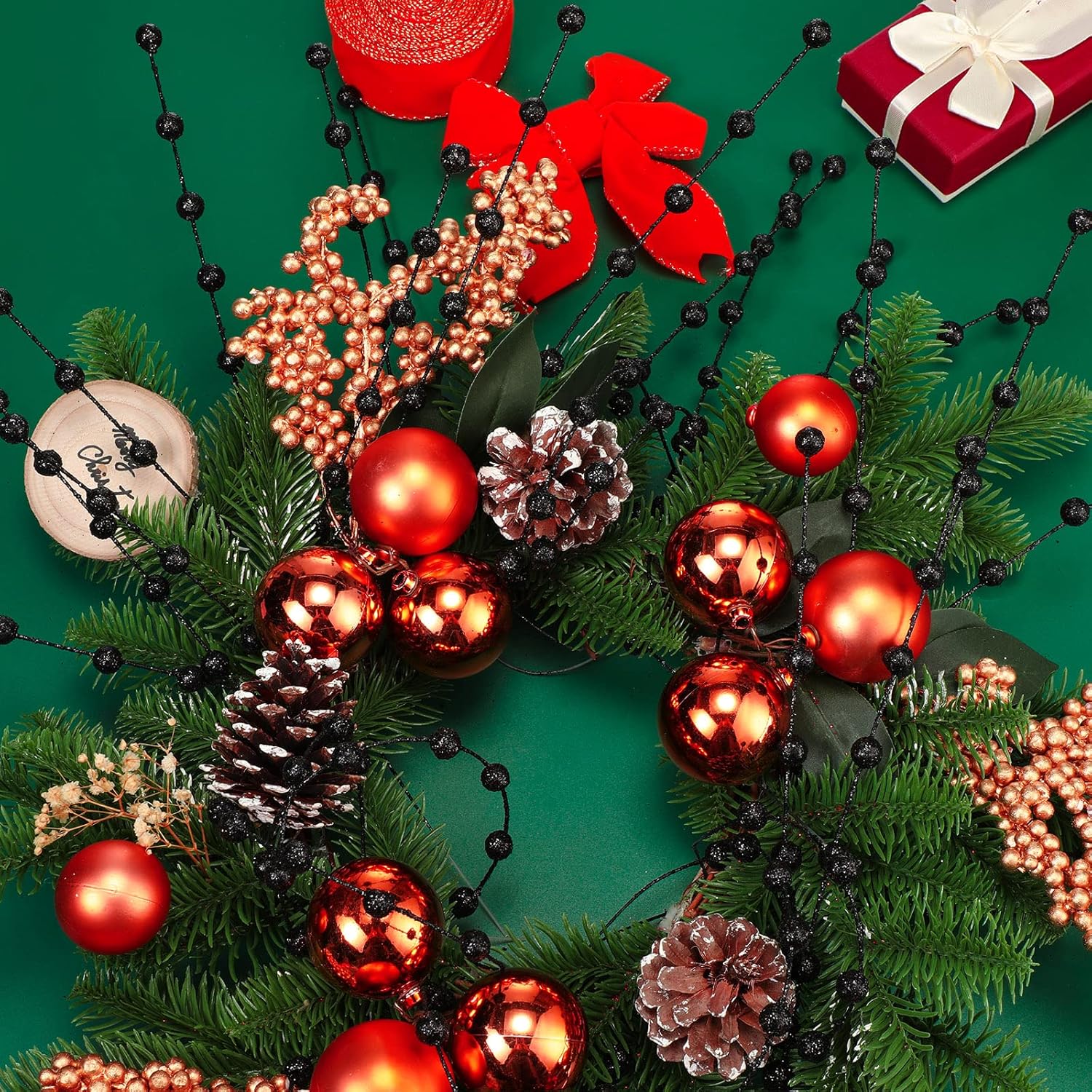 Syhood 200 Pcs Glitter Berry Stems, 13.8 Inches Christmas Berry Picks Holly Branches for Christmas Tree Decorations, Holiday Ornaments Home Decor and DIY Crafts(Glitter Black)