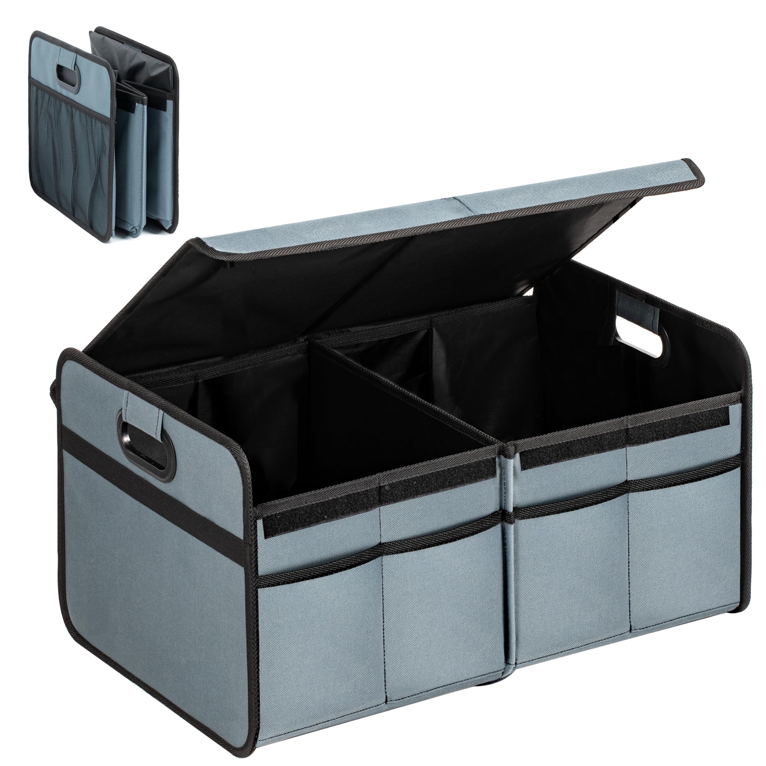 Simple Deluxe Car Trunk Organizer with Lid, Collapsible 2 Compartment 50L Automotive Storage Box with 5 Pocket, 600D Waterproof Oxford Polyester, Non Slip Bottom, Grey-Green