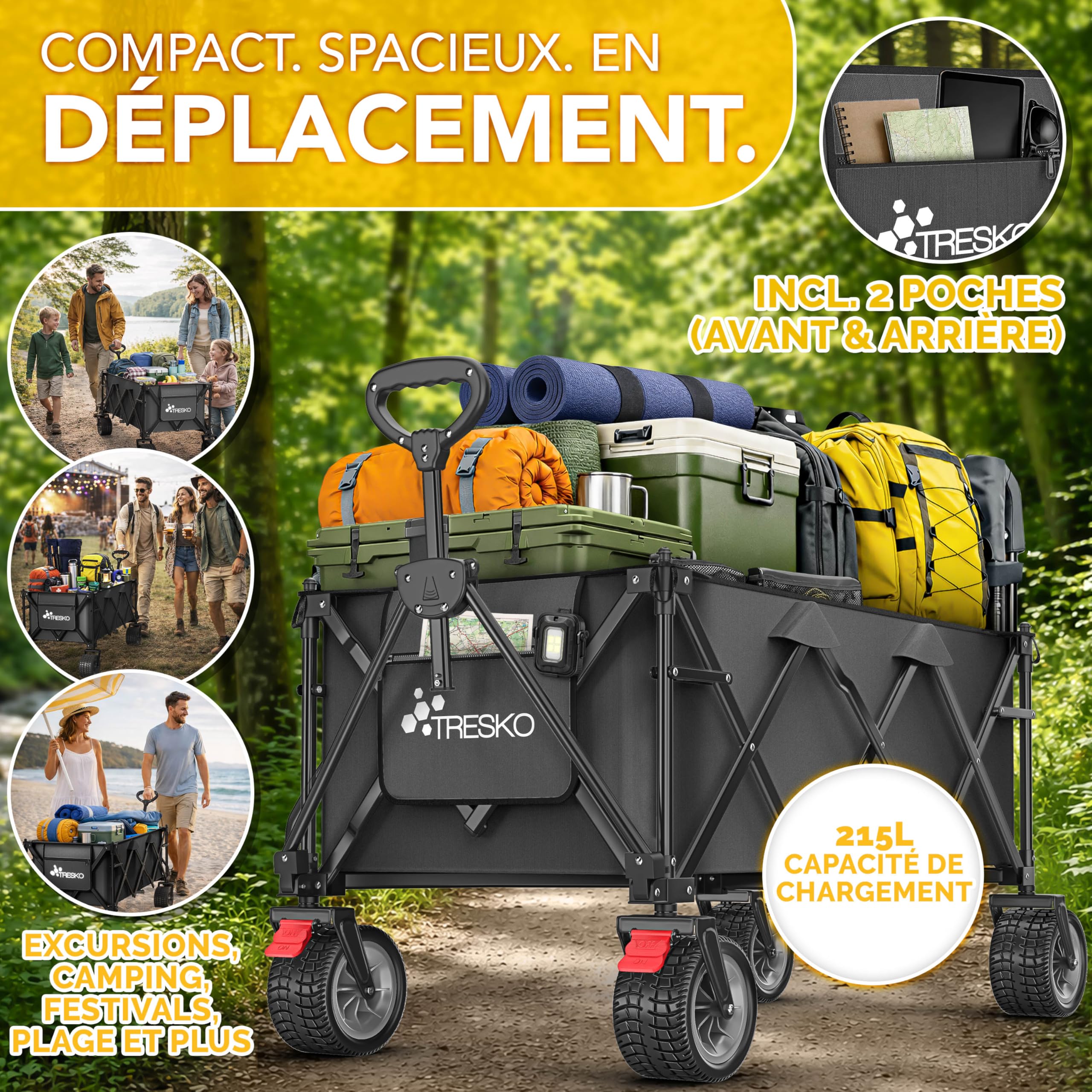 TRESKO® Chariot de transport pliable 215 L avec frein | Chariot à main pliable 150 kg avec pneus en caoutchouc plein | Chariot de plage pliable extra large tout-terrain | Chariot de transport avec sac