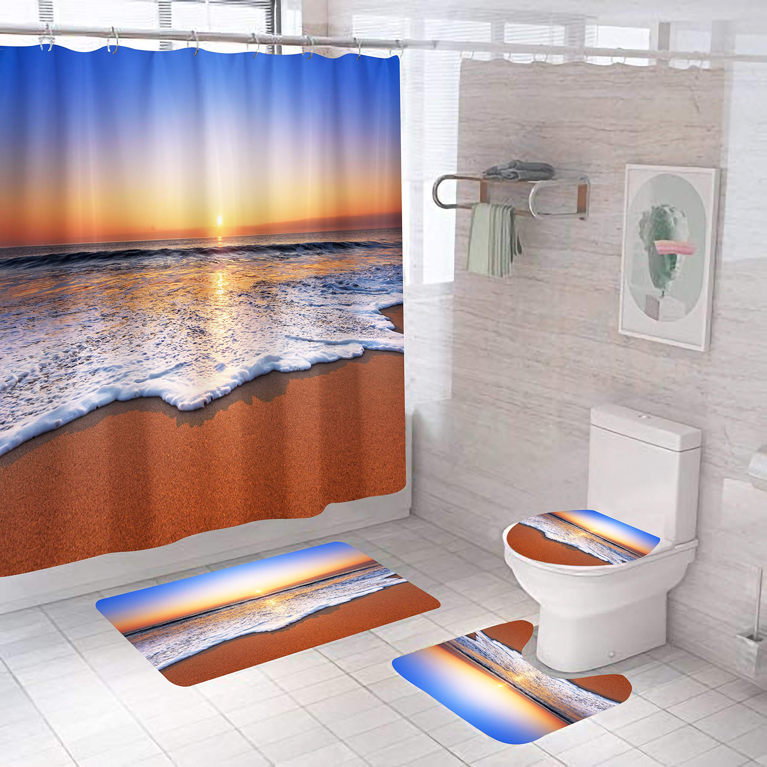 Badematten & Badteppiche Set 4 Teilig Badezimmerteppich Waschbar Badematte rutschfest,Wc Vorleger Mit Ausschnitt Badematte Und Duschvorhang,Badvorleger Toilette Teppich 50×80Cm Strand
