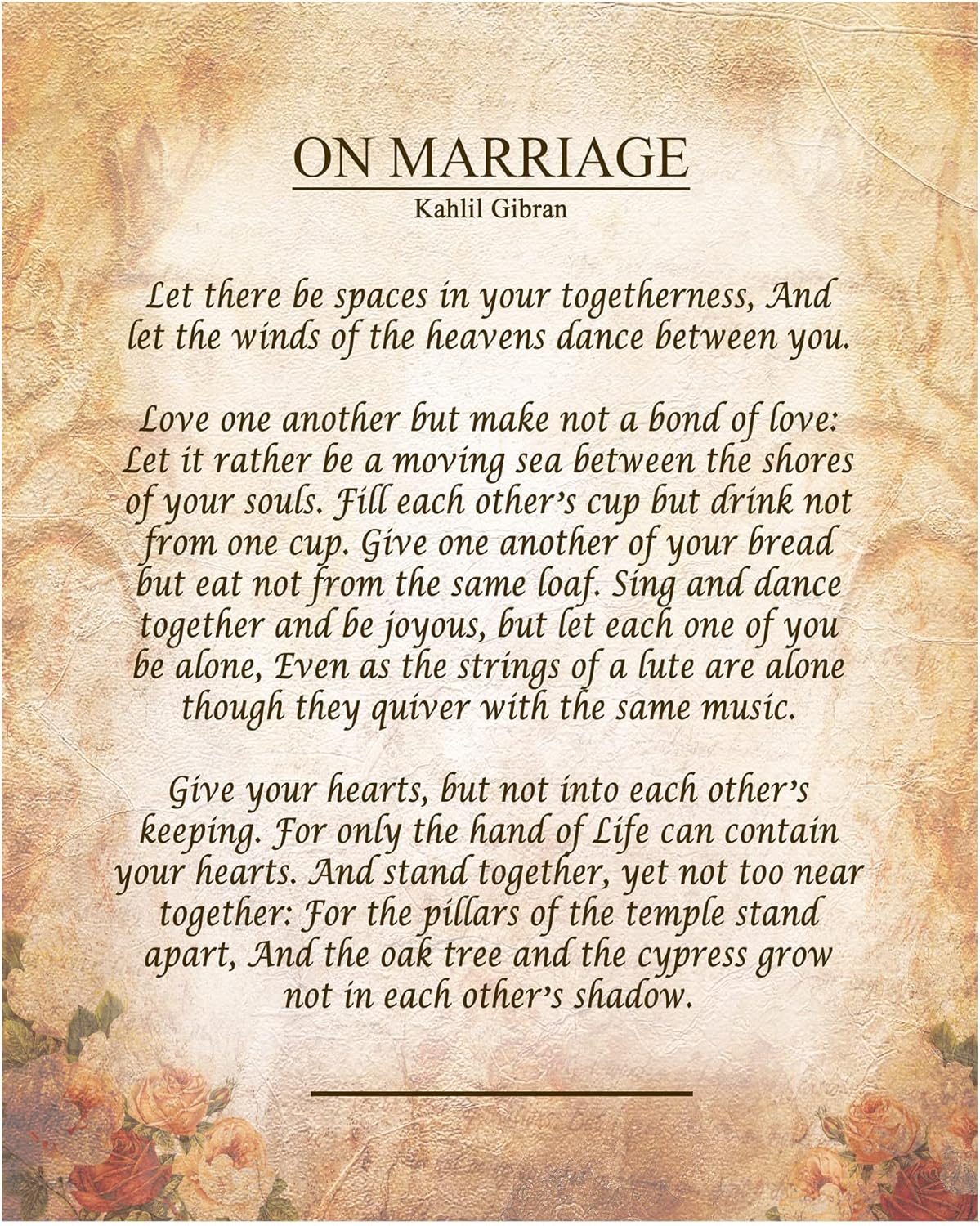 Kahlil Gibran On Marriage Poem 8x10 Wall Art Print - Unframed Elegant Calligraphy Quote, Romantic Wedding Anniversary Gift for Couples Bedroom Decor