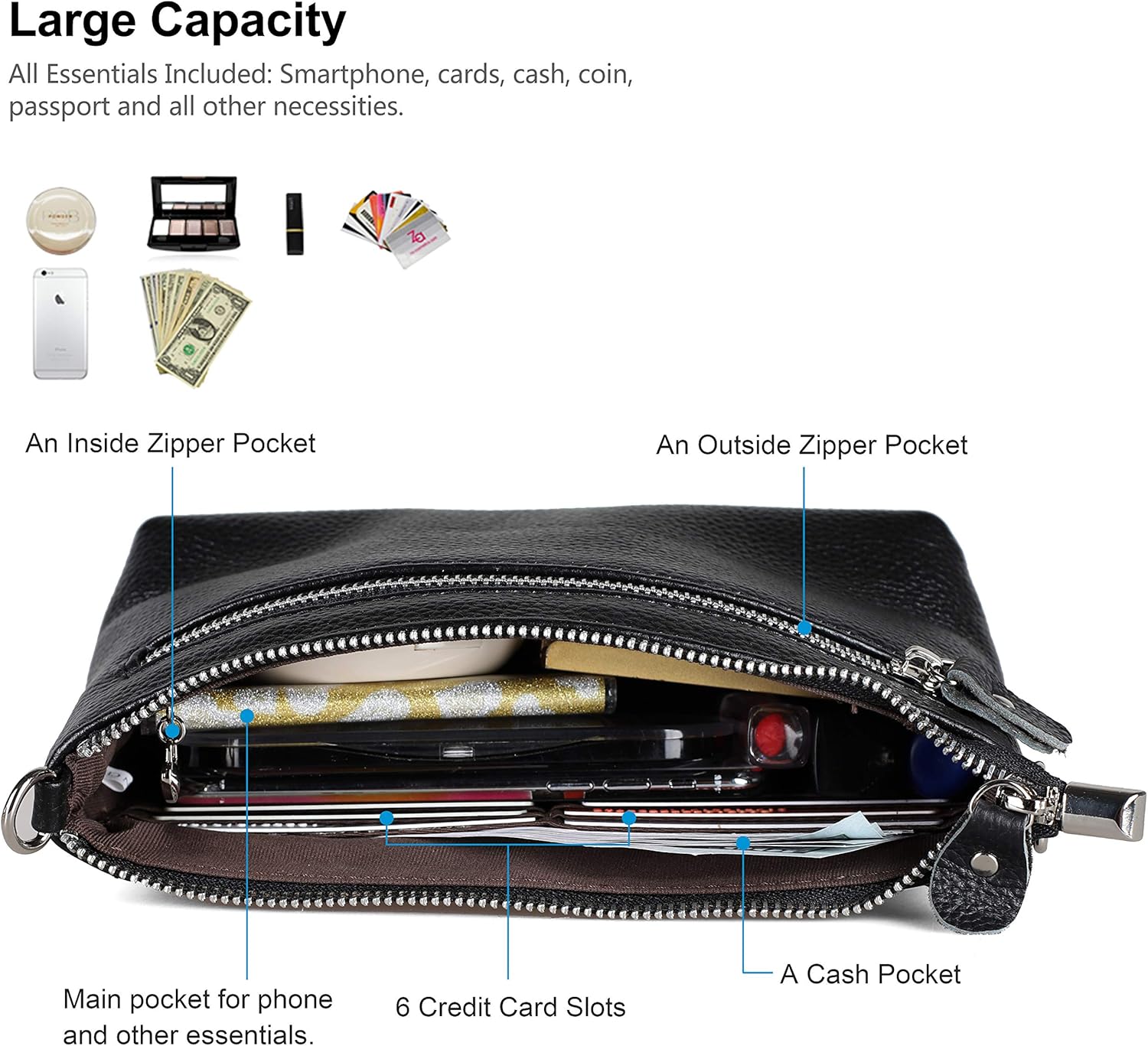 befen Genuine Leather Wristlet Clutch Wallet Purses Small Crossbody Bags for Women with RFID Blocking Card Slots - Image 4