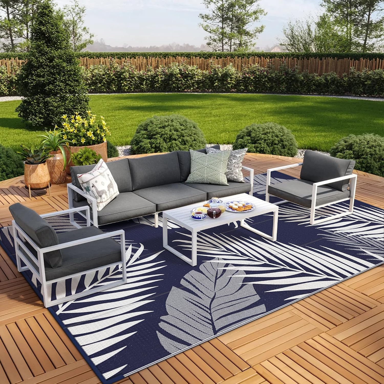  Outdoor Rug, Waterproof Plastic Rugs 10'x14' for Camping Blue White thumbnail