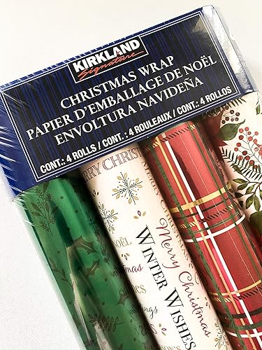 Miniatura 3 de Kirkland Signature 4 rollos de papel de regalo de Navidad, 180 pies cuadrados, flor de pascua, a cuadros, blanco hueso, verde