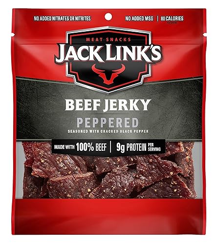 Jack Link's - Carne vacuna seca sabor pimienta, bocadillo sabroso de 2.6 onzas, 9 g de proteína, 80 calorías, hecho con carne vacuna prémium, 95%