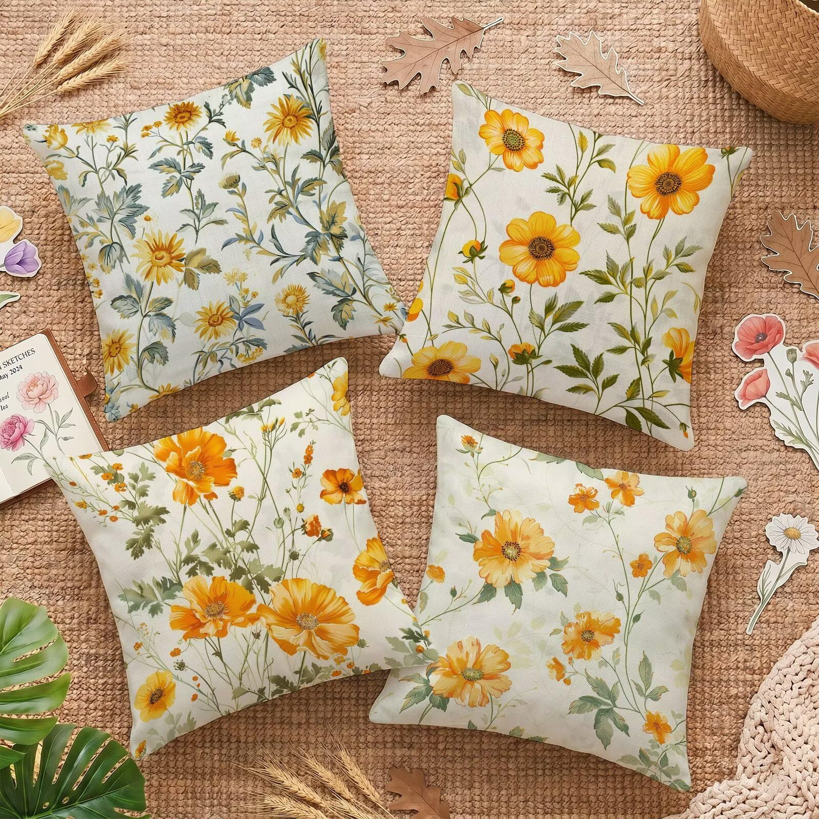 Housse coussin canapé 55x55 orange fleur pour votre salon de jardin et patio