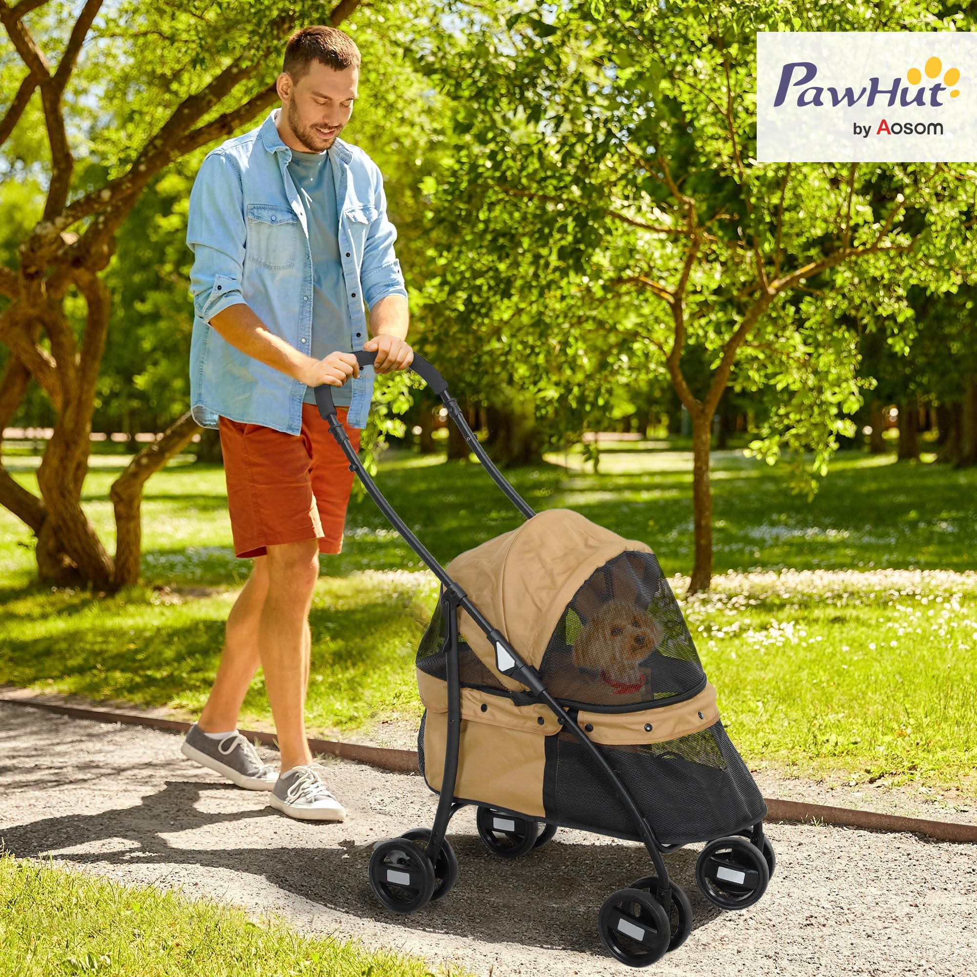 PawHut Poussette pliable pour chiens de petite taille avec fenêtres en maille, coussin lavable, sangles de sécurité et cadre en acier Charge 15 kg Café