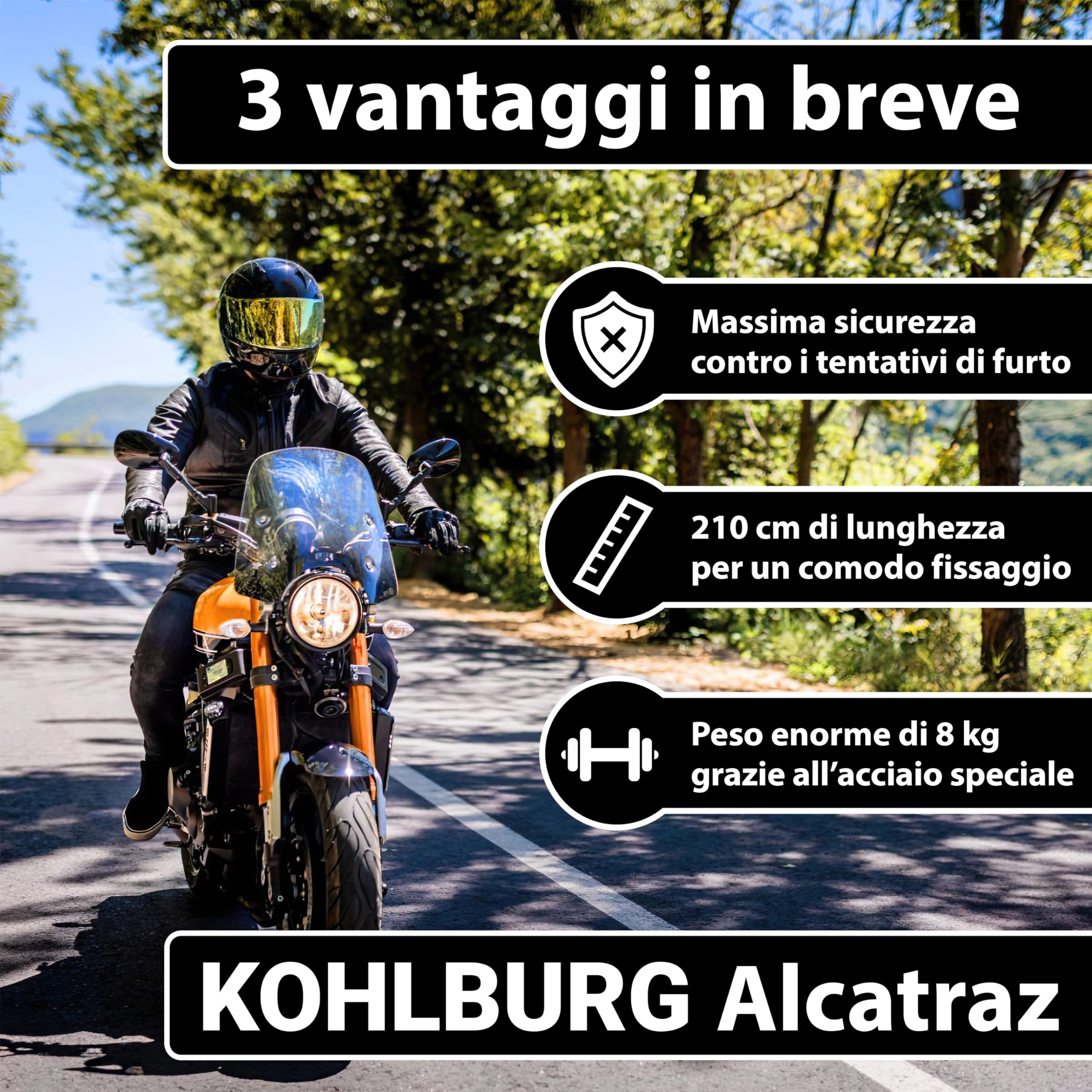 KOHLBURG Antifurto a catena per moto | 8 kg e 210 cm | Sold Secure DIAMOND | Livello di sicurezza più alto 15+ su 15 | Catena super robusta in acciaio da 13 mm | antifurto moto, scooter e e-bike