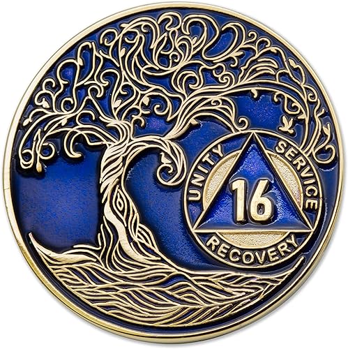 Miniatura 9 de Sobriety Mint 2 años AA Medallion Twisted Tree of Life chapado en oro AA Recovery Chip - azul translúcido