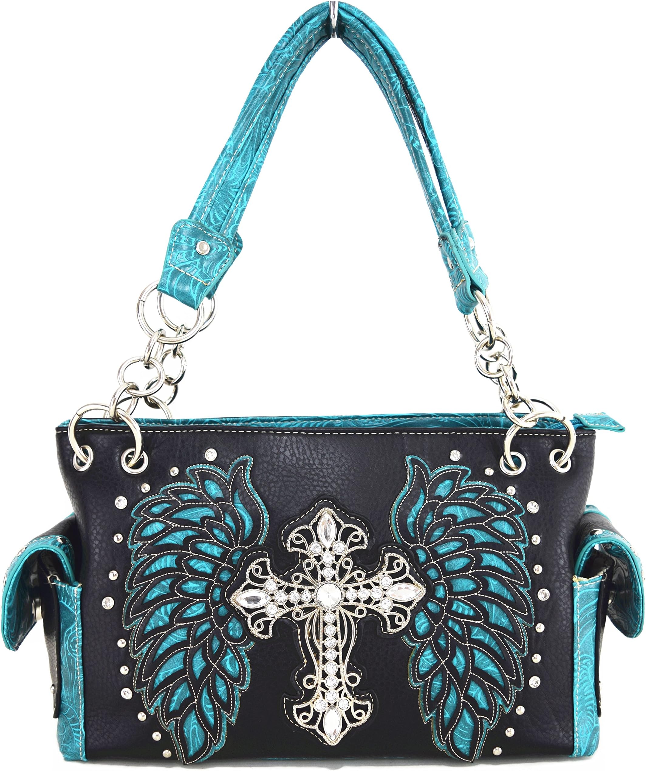 Western Cowgirl Concealed Carry Cross Angel Wings Purse Handbag Messenger Shoulder Bag Black Turquoise