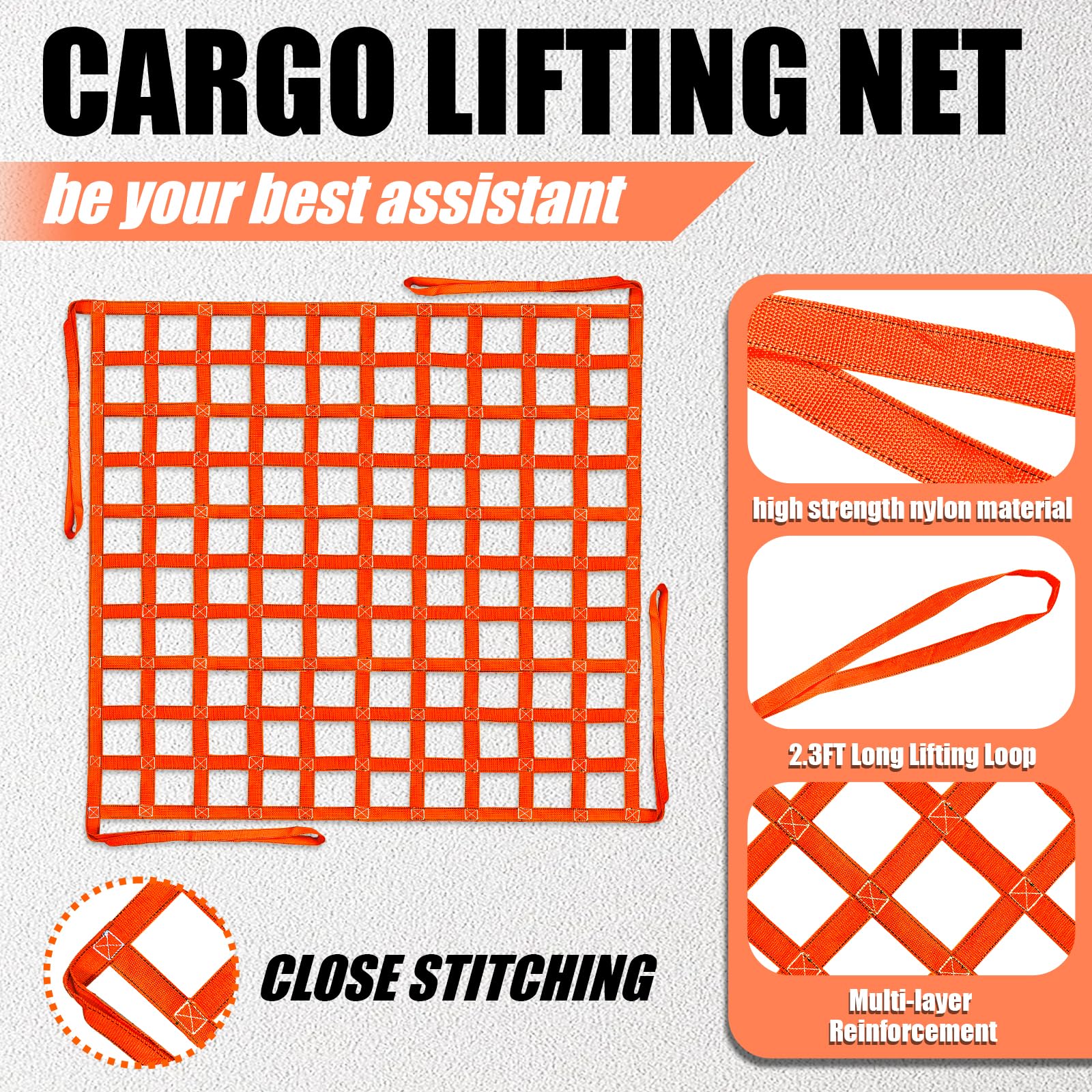 YATOINTO Cargo Lifting Net 4.92'x4.92', Lifting Net Straps for Hoist 1100lbs Load Capacity, Nylon Sling Hoisting Net 10-12CM Square Hole for Construction Rigging Moving Towing Hoisting Unloading