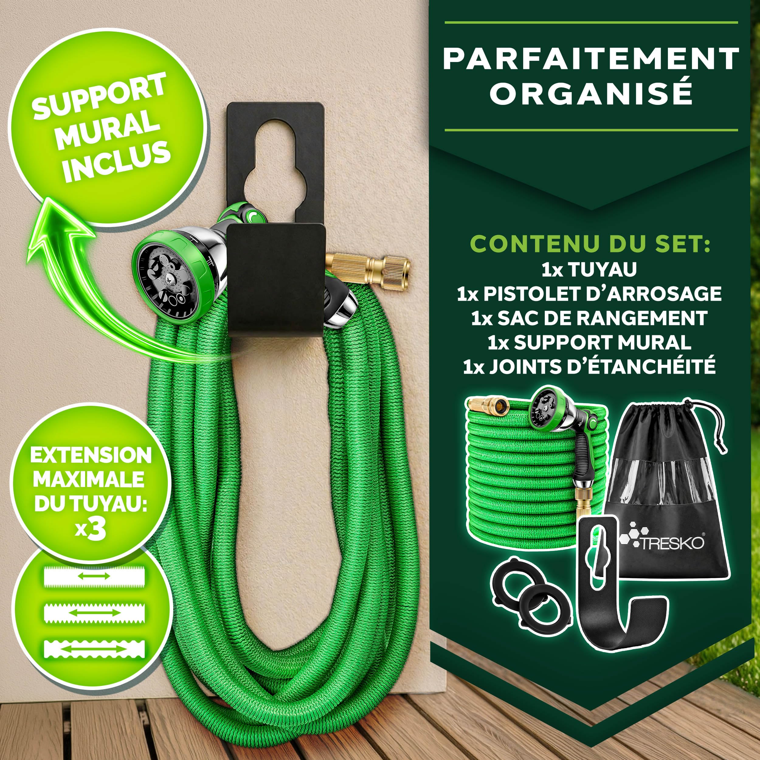TRESKO® Tuyau d'arrosage Flexible et Extensible pour Jardin | Extensible | avec 3 Embouts en Latex | Tuyau d'arrosage rétractable (Vert, 15m)