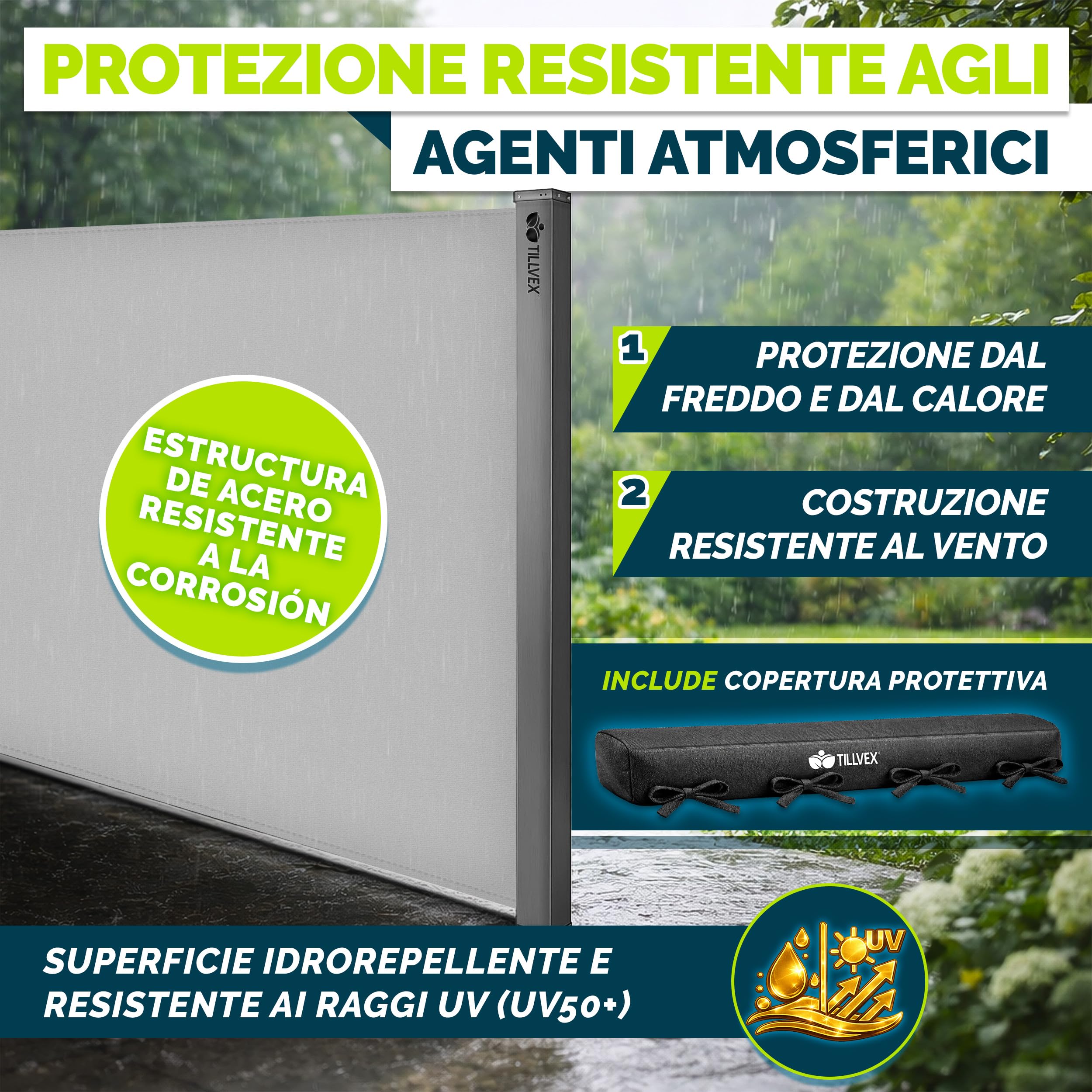 Tillvex Tenda Laterale Estensibile Oscurante 200x400 cm Acciaio Inox Antivento