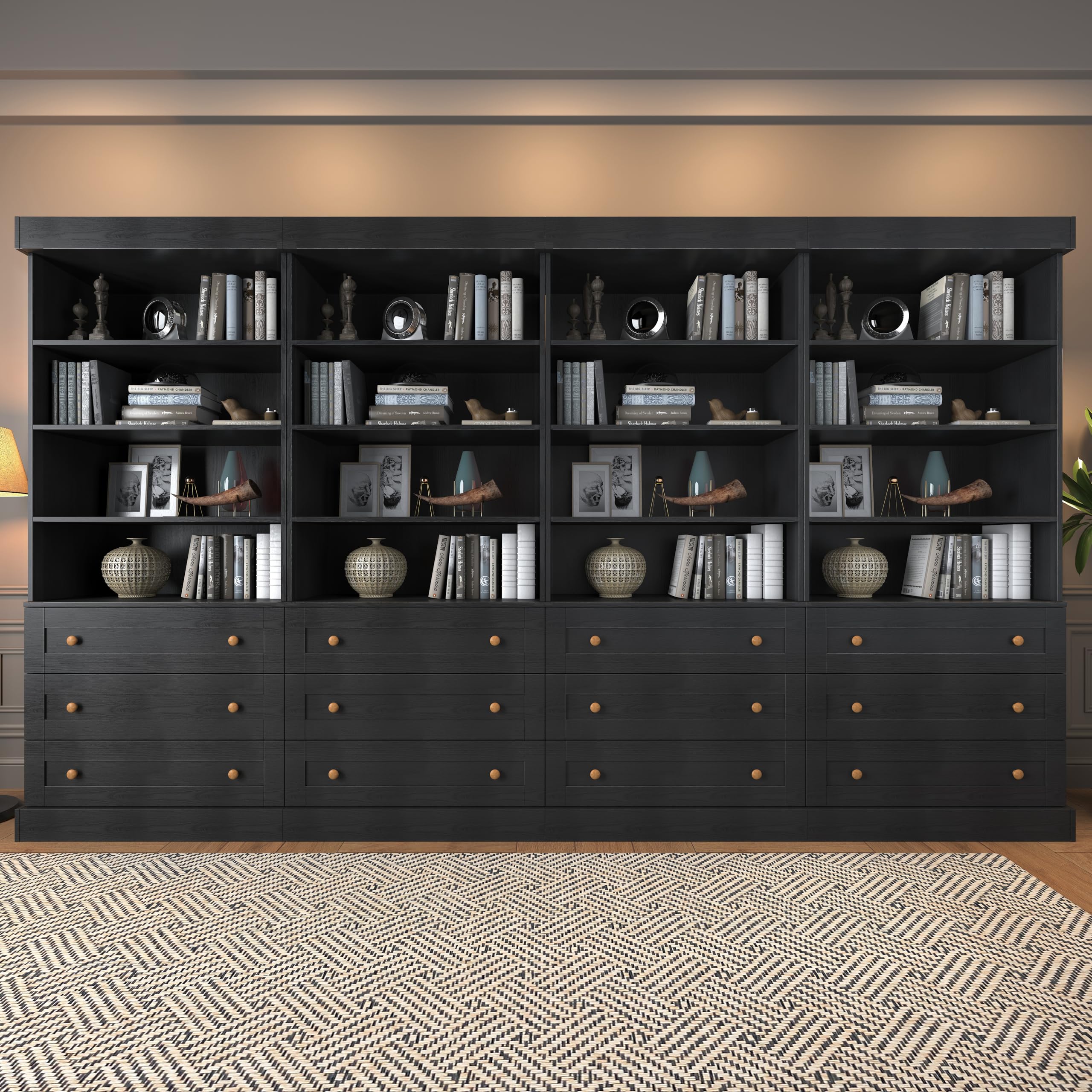 ivaniti 71" Tall Farmhouse Bookshelves, Large Bookcase with Adjustable Shelves, 3 Drawers Wooden Storage Cabinet for Living Room, Kitchen, Home Office, Dining Room, Black 4 PCS