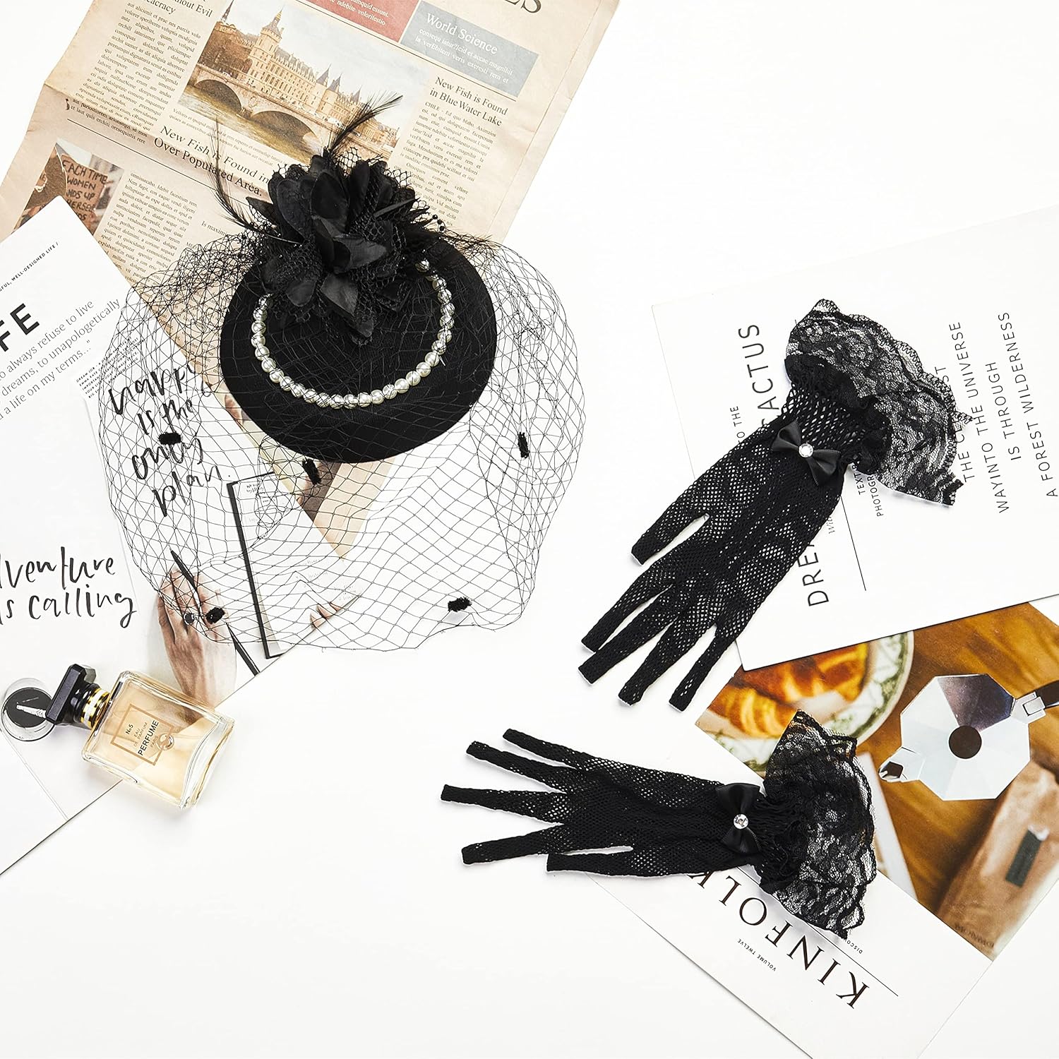 20s 50s Pillbox Derby Fascinator Hat Veil Feather Fascinators Hair Clip Wedding Tea Party Hat and Short Lace Gloves for Women - Image 2