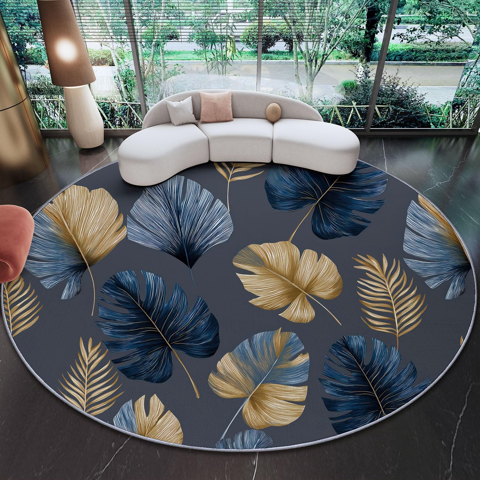 Tapis bleu or salon au design botanique minimaliste et finitions premium