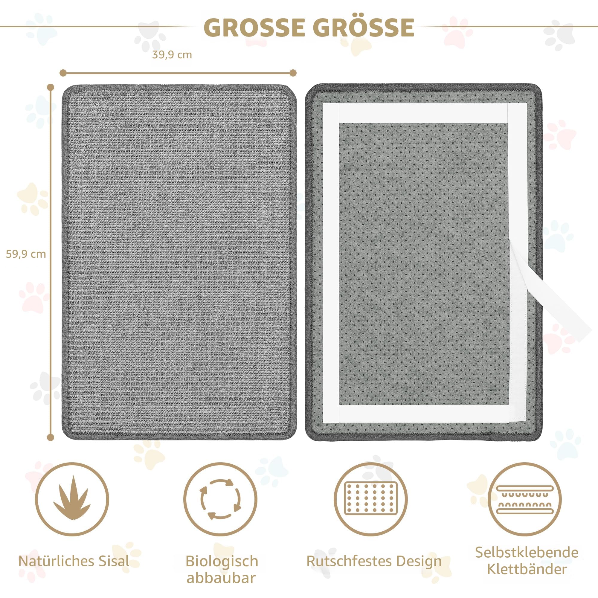 Graciadeco 2 Kratzmatte Katze Wand Sisal Teppich, 60 x 40cm Katzen Kratzbrett Natürlich Katzenkratzbretter, Katzenteppich Sisalmatte Kratzecke für Schützt Möbel, Sofas & Teppiche grau