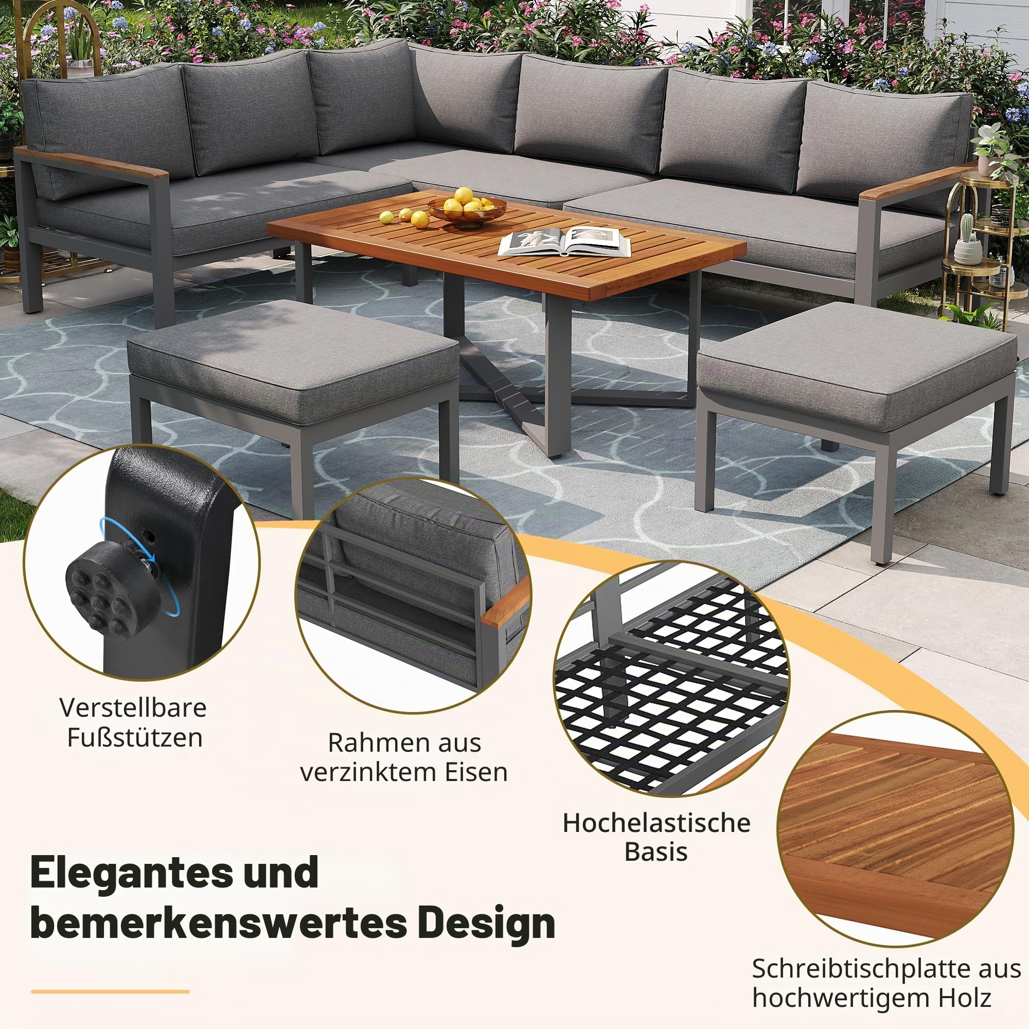 Gartenlounge-Set für 7-8 Personen, Gartenmöbel, Gartenmöbel Set für Garten, Balkon, Terrasse, wetterfest Sitzgruppe Essgruppe, Moderne Gartengarnitur,Gartenmöbelset mit Gestell aus verzinktem Eisen