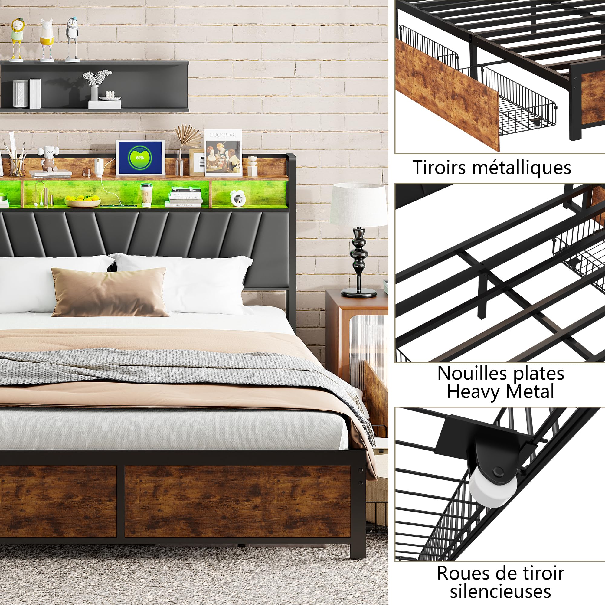 Cama tapizada de metal de 180 x 200 cm, marco de cama con cuatro cajones e iluminación LED, marco de cama doble de metal con somier, cama juvenil para dormitorio, habitación de invitados, sin colchón,
