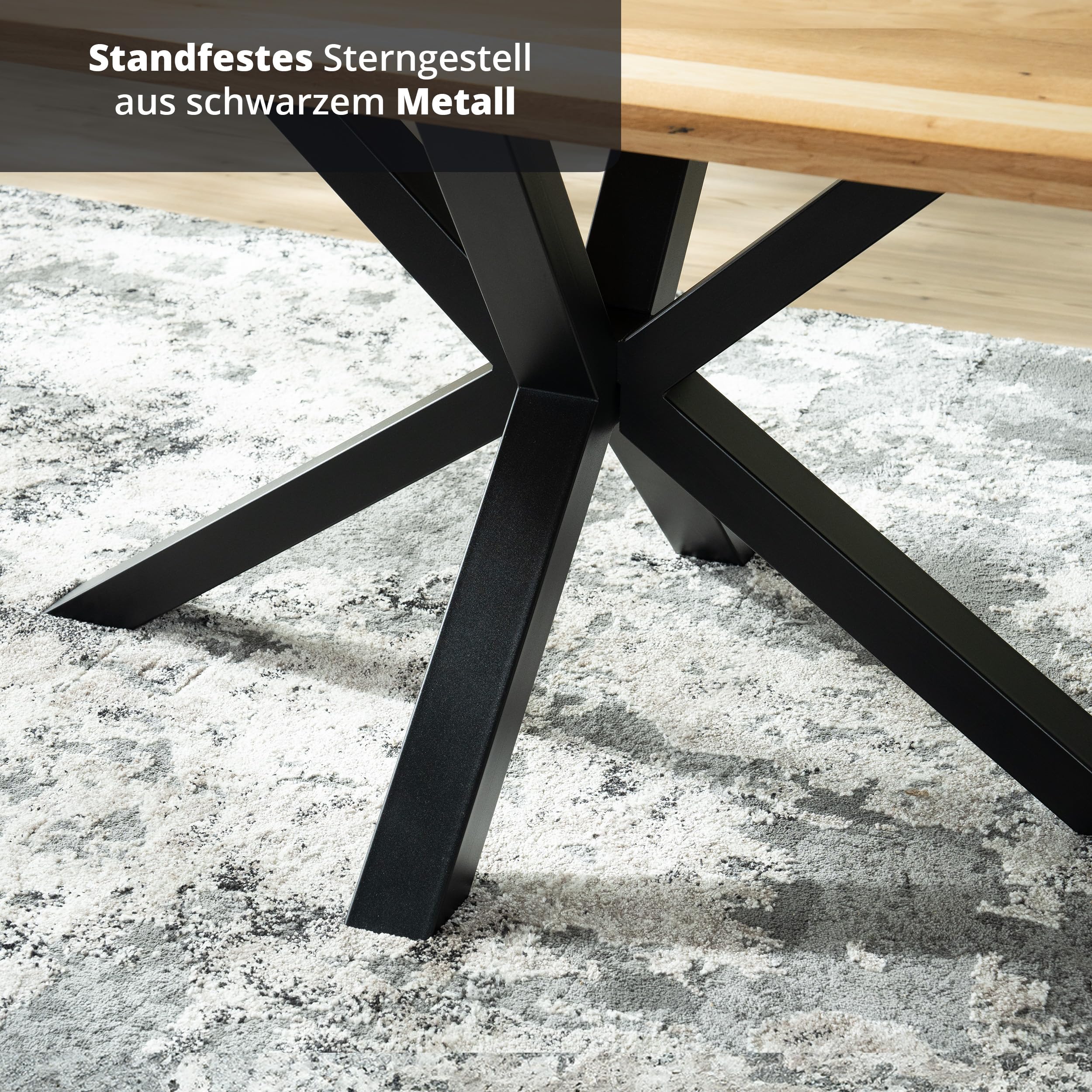 KHG Esstisch 160 x 90 cm Küchentisch aus massiver Eiche geölt - Schweizer Kante, Sterngestell Metall schwarz, Industrial Design, Tisch für 6-8 Personen, belastbar bis 50 kg