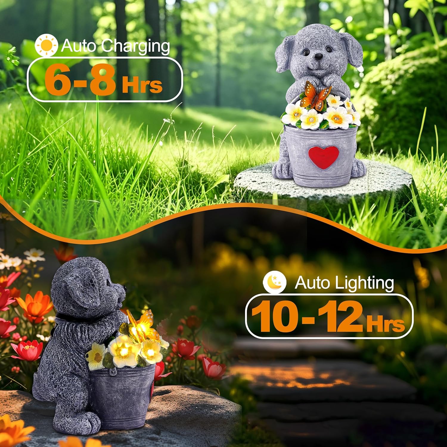 OTAVILEM Solar Garden Decor Dog Statue,Outdoor Dog Figurines with Bucket for Patio, Balcony, Backyard,Lawn Ornaments and Yard Decorations - Unique Gifts for Women, Mom,Grandma - Image 2