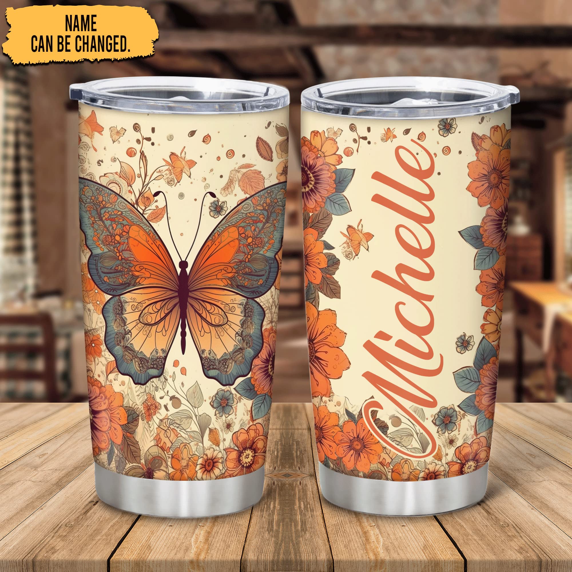 Hyturtle Personalized Gifts For Butterfly Lover - Butterfly Printed With Floral Custom Name Stainless Steel Tumbler 20oz With Lid - Idea Gifts For Women Girl Kids On Birthday, Christmas