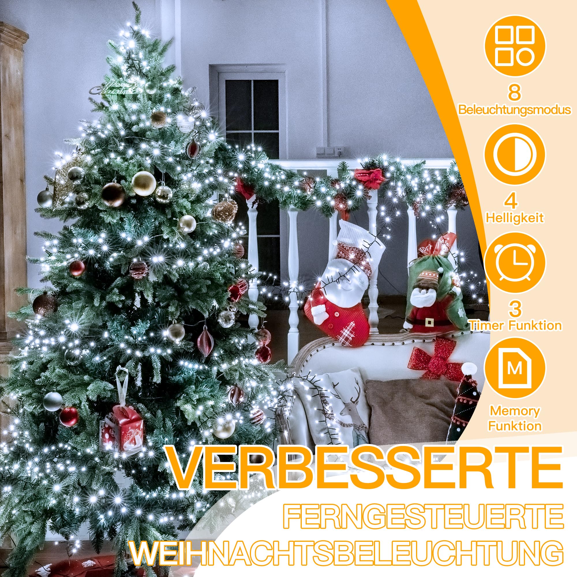 Ollny Guirlande lumineuse LED 15m 1000 LED, guirlande lumineuse de Noël IP44 étanche avec télécommande et minuterie, 8 modes, décoration de fête pour Noël, anniversaire, mariage, salon, blanc froid