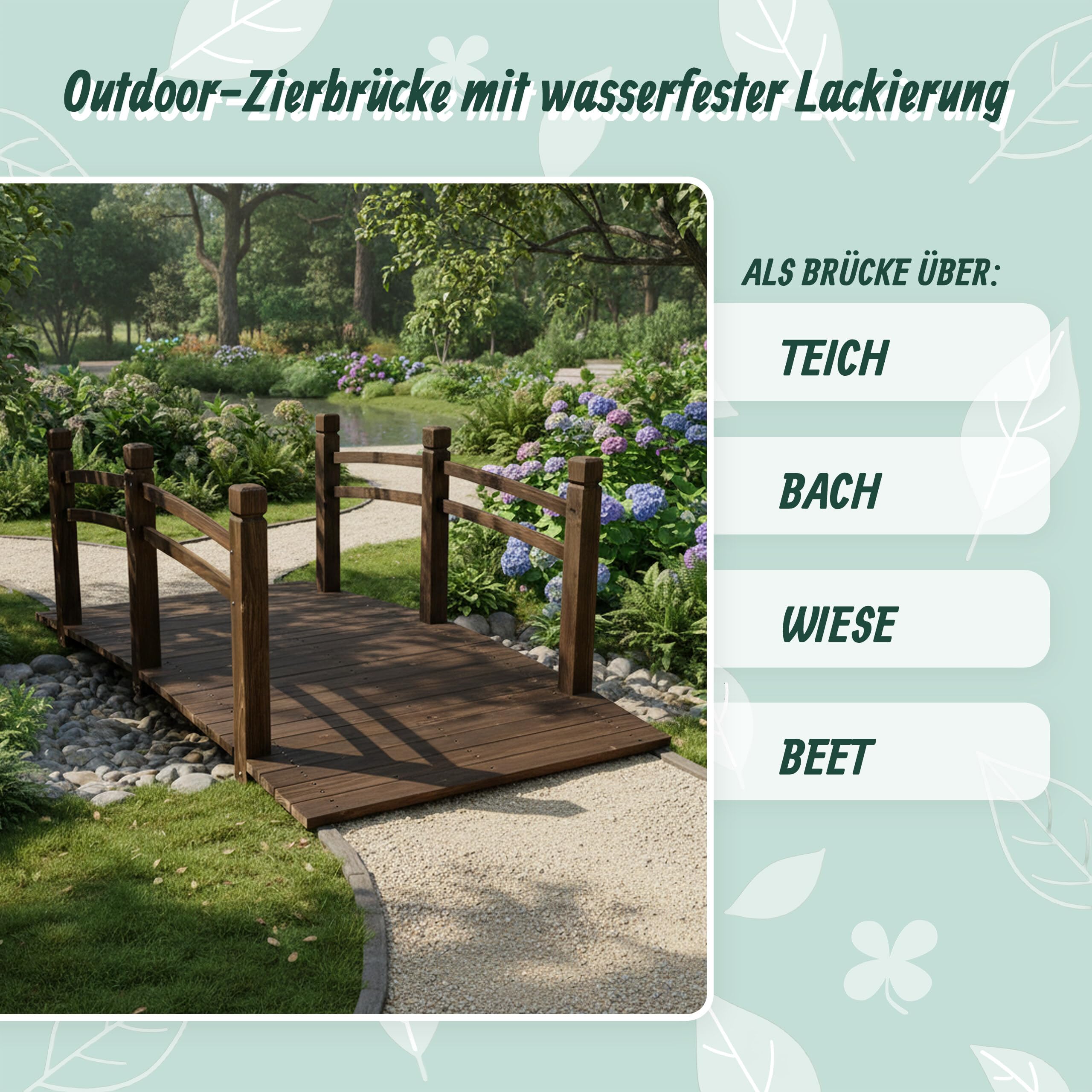Relaxdays Garten Brücke, mit Geländer, Tannenholz, Gartenteich, HxBxT: 58 x 171,5 x 75 cm, 200 kg, Holzbrücke, braun