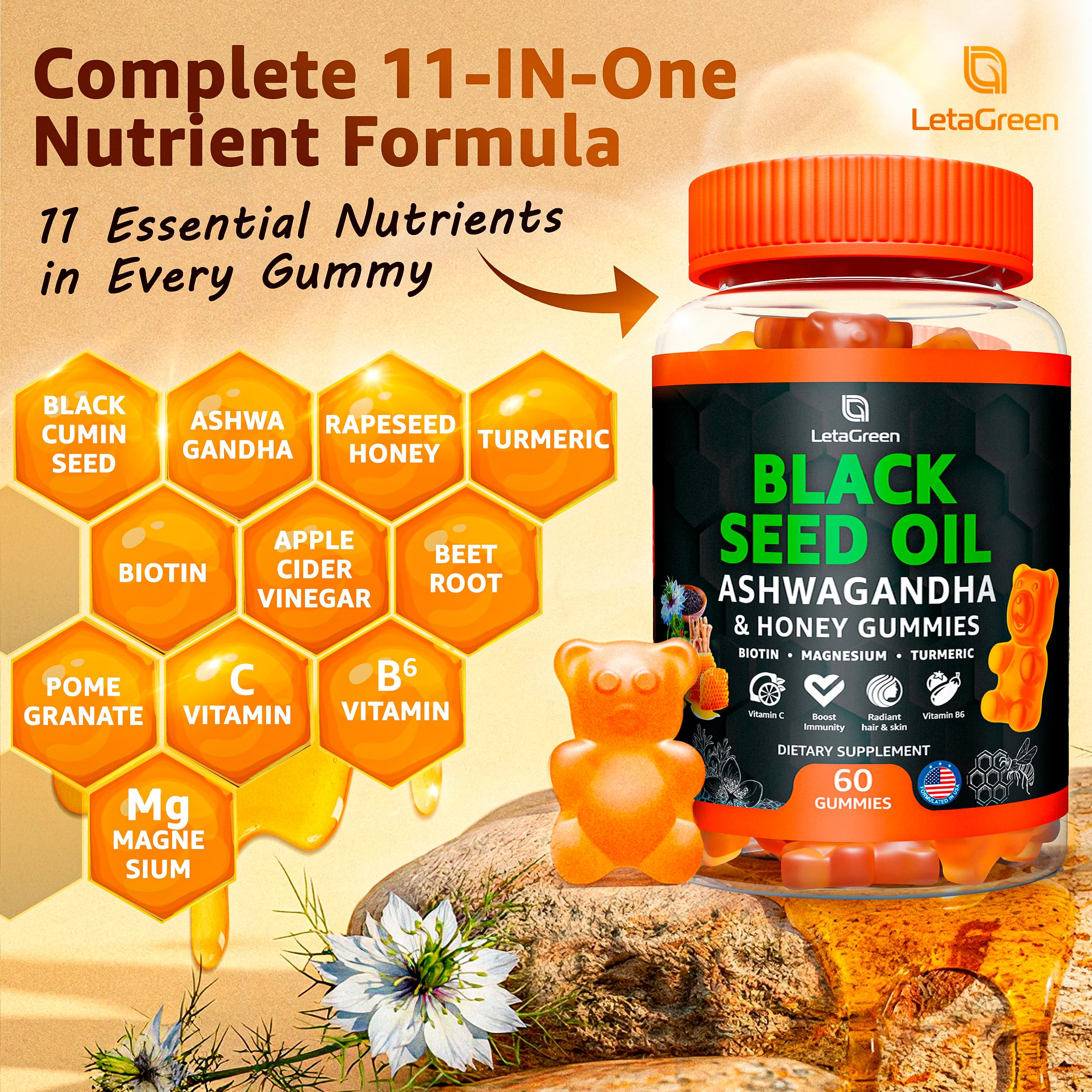 Black Seed Oil Gummies 500mg with Ashwagandha & Apple Cider Vinegar - Immune & Wellness Support Supplement with Vitamin C, Biotin, Turmeric - 60 Organic Gummy Bears for Hair & Skin — Amazon image 2