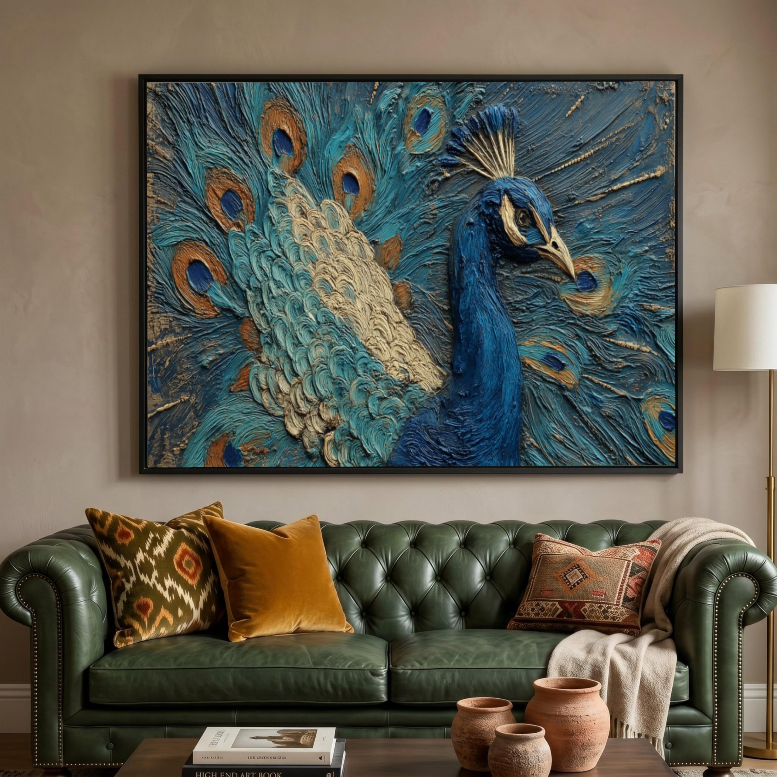 XBTYKPB Peacock Feather Canvas, Textured Blue Bird Canvas Wall Art, Animal Artwork for Home Decor, Ready to Hang Canvas Painting(21x30cm/Frameless)