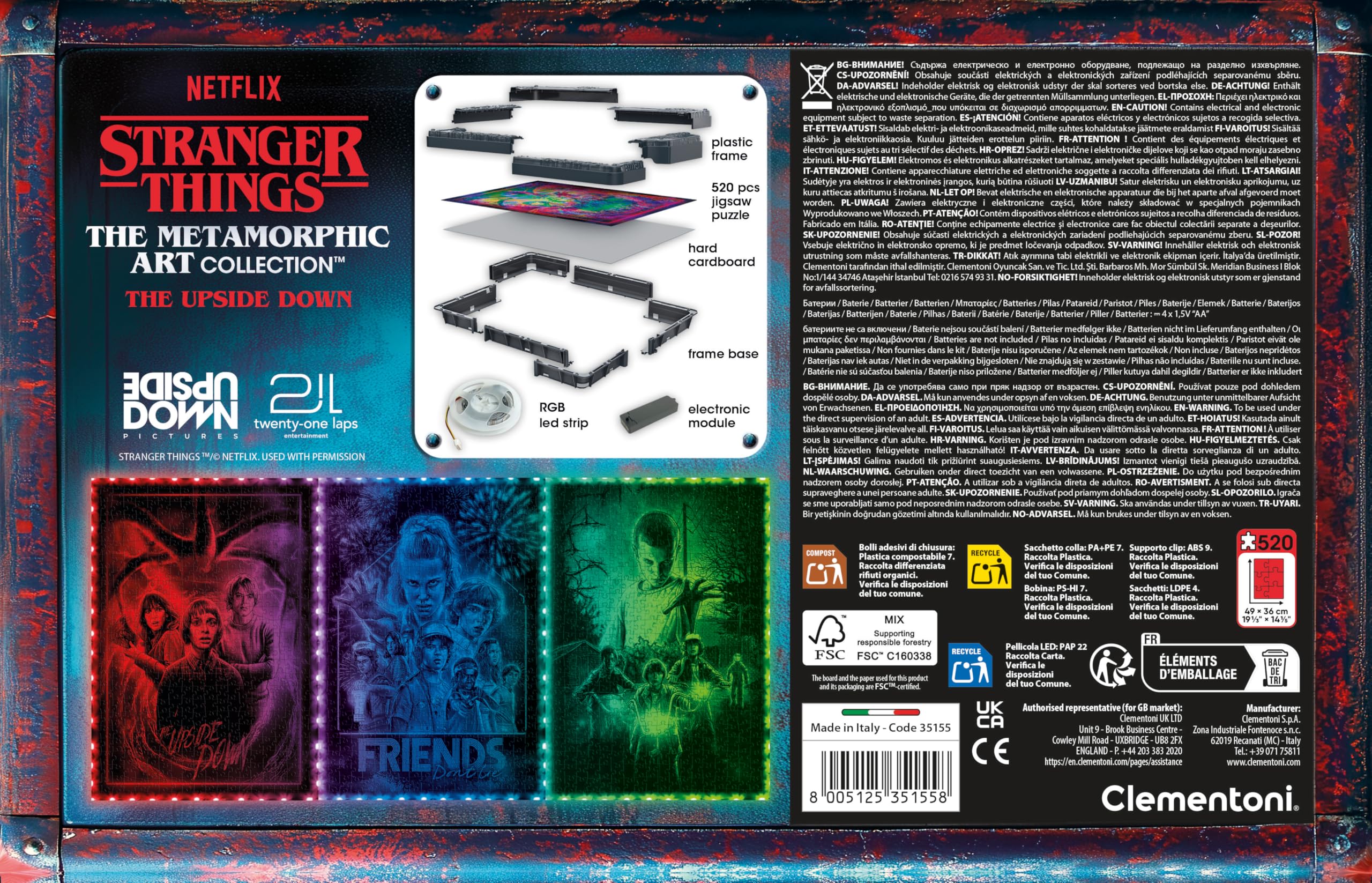 Clementoni - Stranger Things Metamorphic Art Collection - The Upside Down, Quadro Interattivo 520 Pezzi con Cornice e LED RGB, Illustrazione che Cambia con la Luce, Made in Italy, 35155