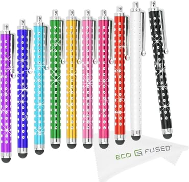 Eco-Fused 10 Pack Bling Metal Stylus Pens - Universal - Compatible with All Capacitive Touchscreen Devices - for iPad, iPhone, Samsung Phones and Tablets, All Android Phones and Tablets and More