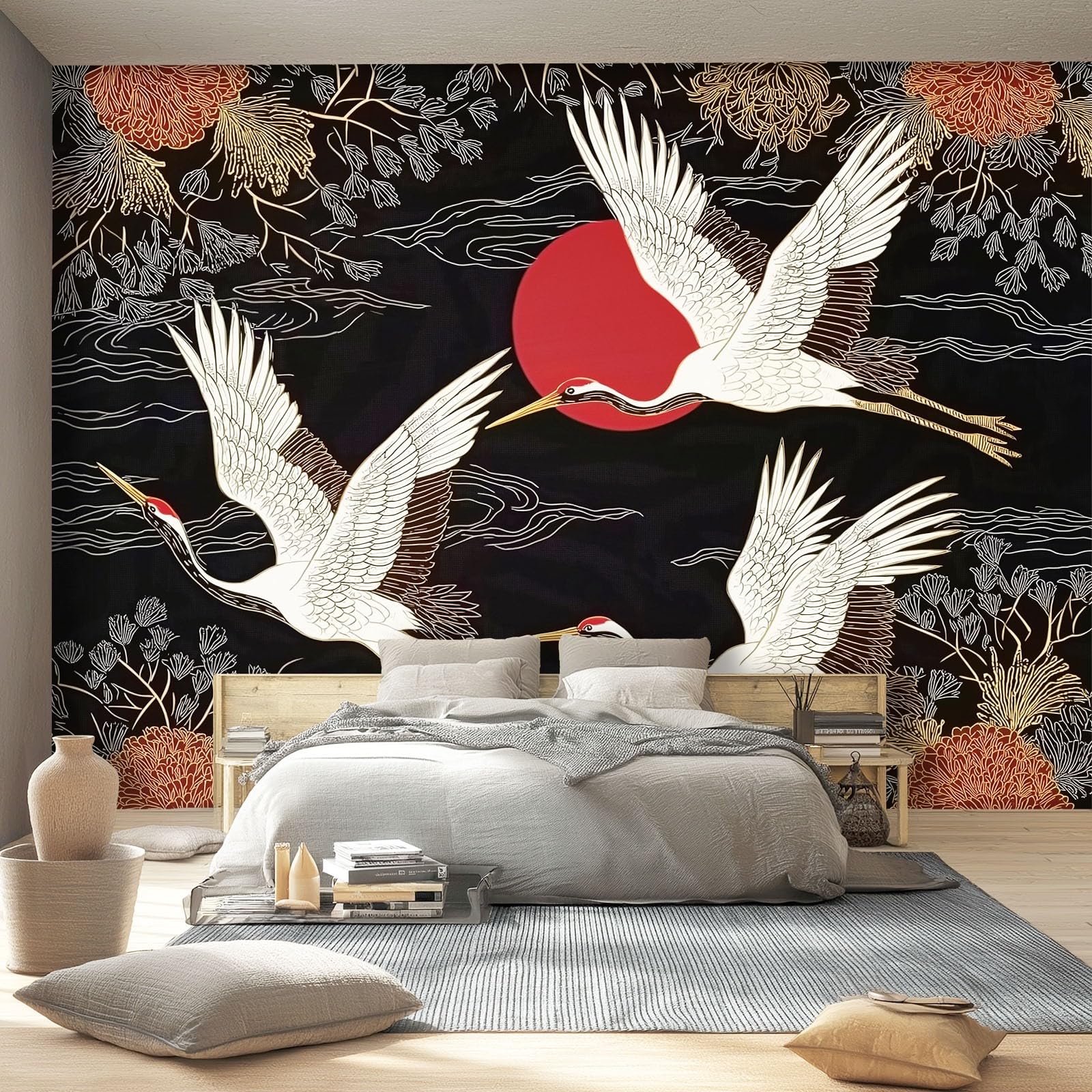 Tapeta z włókniny, 350 x 256 cm, japoński styl latający ptak, dekoracja ścienna do dużego pokoju młodzieżowego, srebrno-złoty