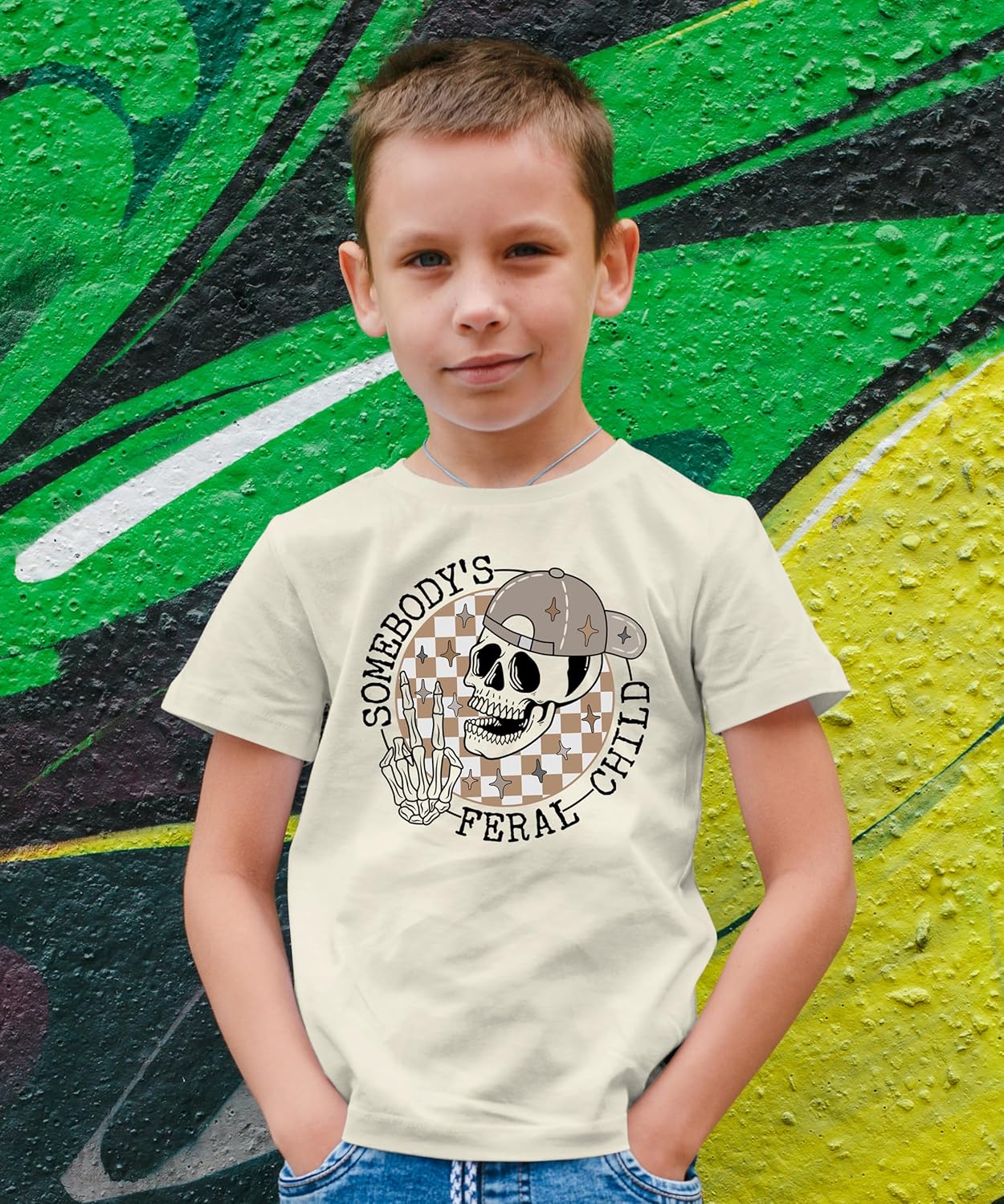 Feral Child Shirt for Boys Funny Retro Skeleton T-Shirt for Toddlers & Kids - Image 3