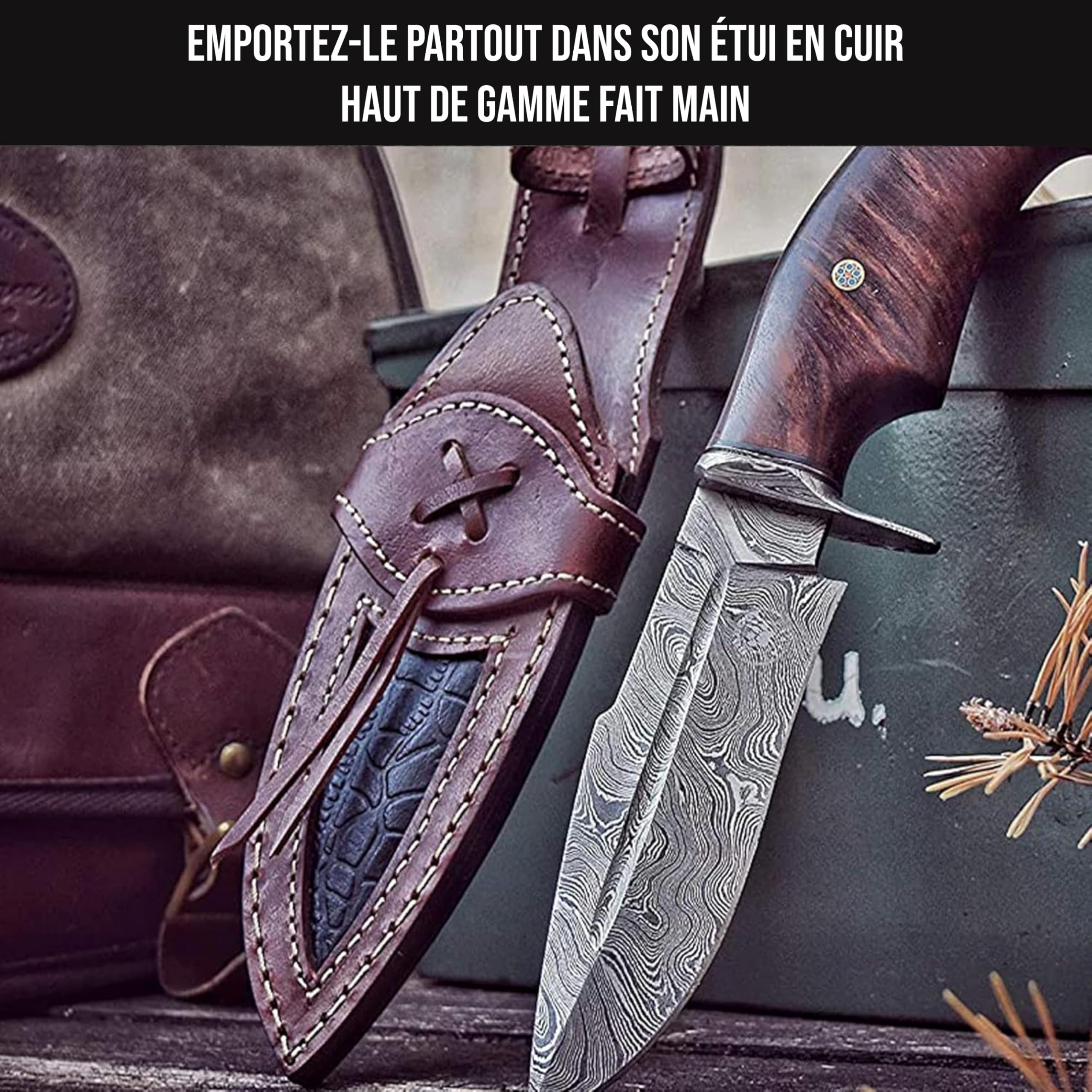 BIGCAT ROAR Beast - Couteau Artisanal en Acier Damas 25,4 cm - Manche Bois de Noyer et Étui Cuir Véritable - Camping - Cadeau Aventurier ou Collectionneur