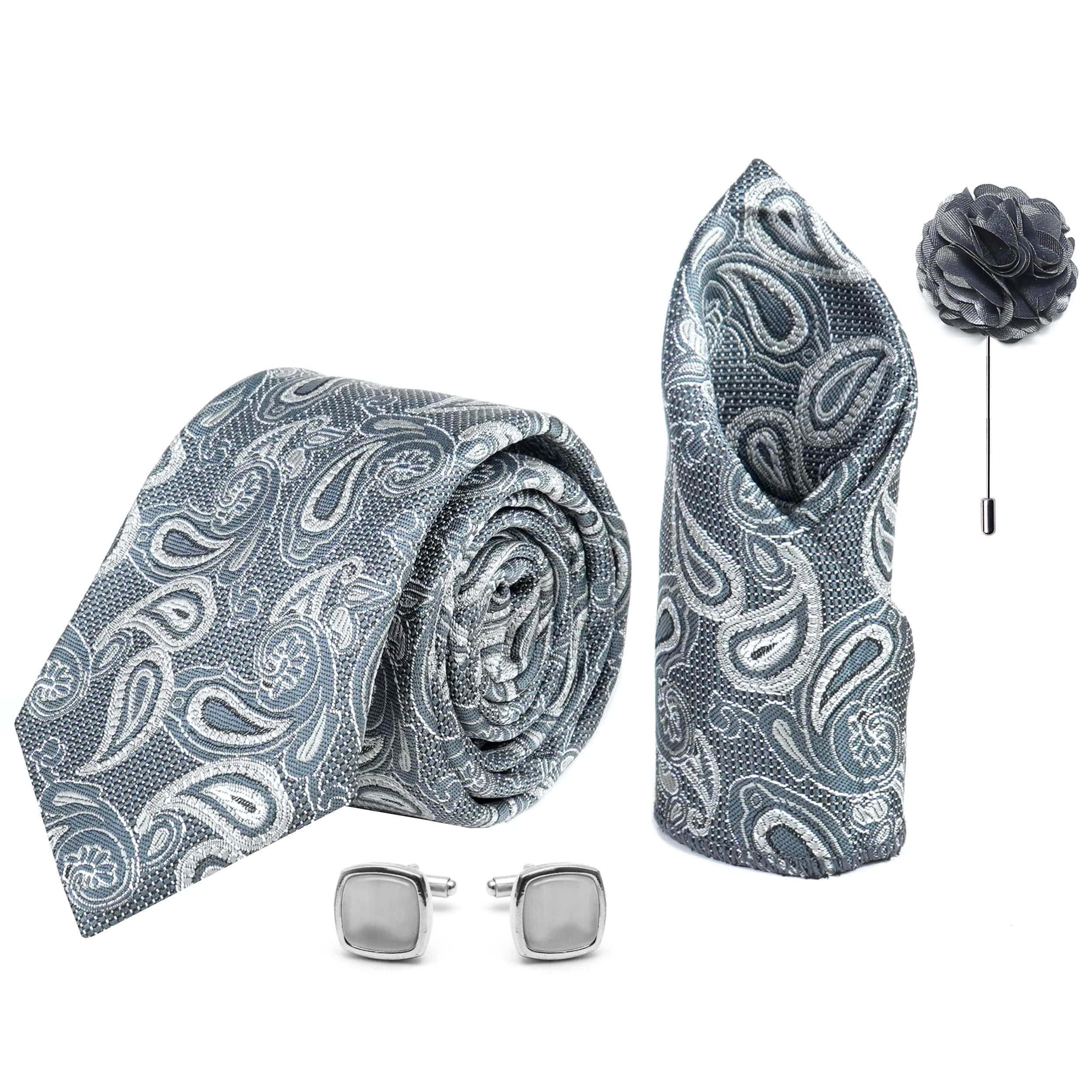 axlon Mens Plaid Micro Self Silk Necktie Gift Set With Pocket Square Cufflinks & Brooch Pin Tie for Men Formal Tie Set with Box (Pack of 4) (Grey, 2022AX_7)-picture-47