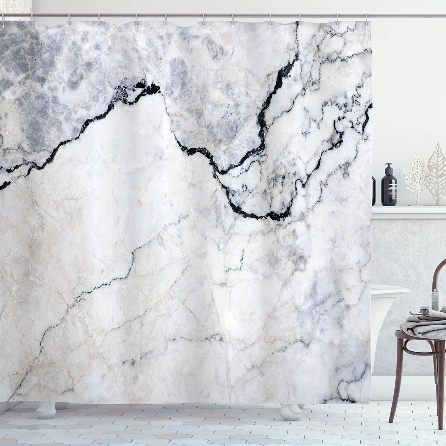 Ambesonne Marble Shower Curtain, Marble Texture with Smooth Details Cracked Dimension Stone Smooth Design Work of Art Print, Cloth Fabric Bathroom Decor Set with Hooks, 69" W x 84" L, Grey