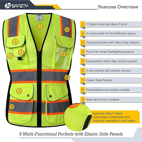 Miniatura 10 de JKSafety - Chaleco de seguridad reflectante de alta visibilidad con 9 bolsillos para mujer, malla negra, tiras reflectantes con bordes extendidos