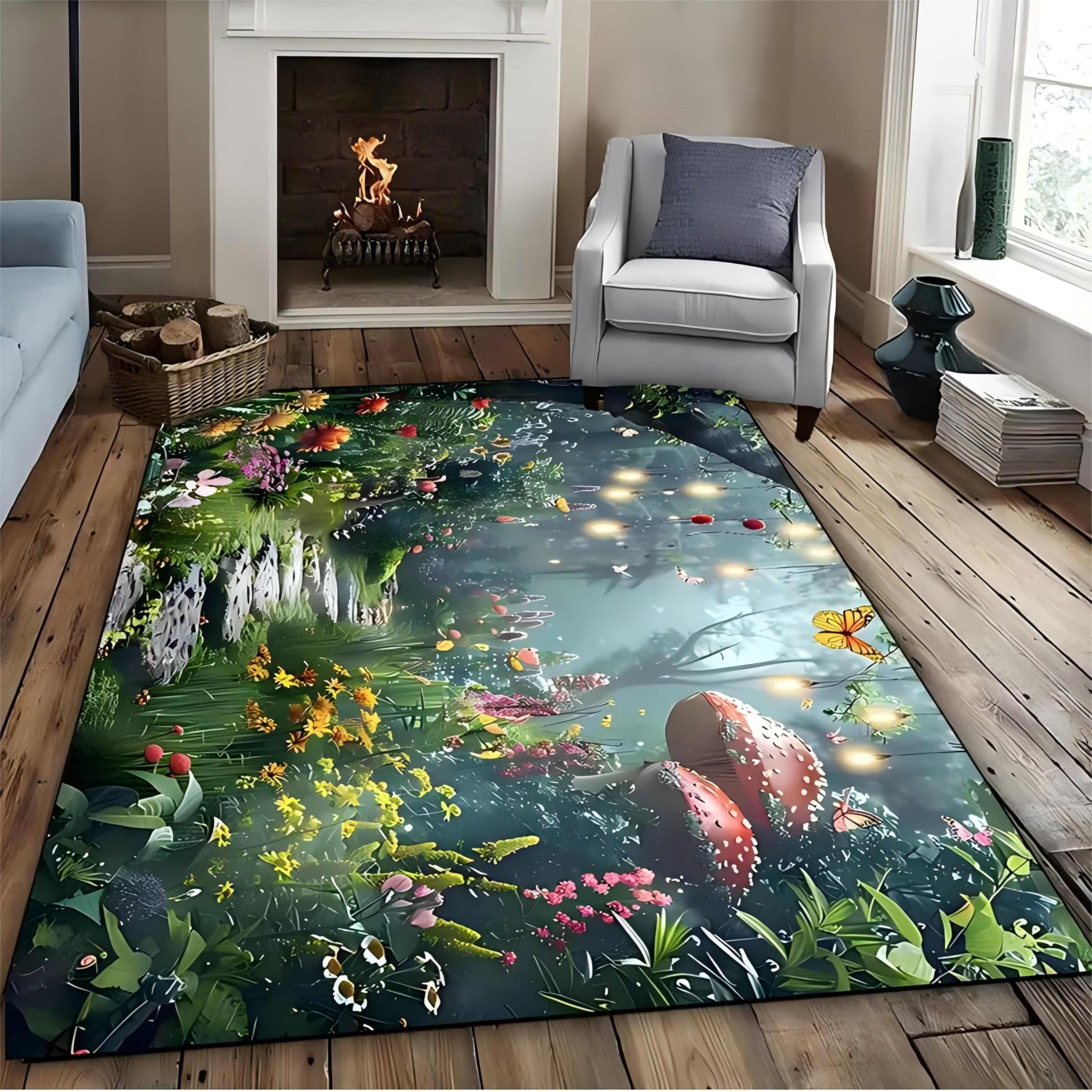 SOJAWA Natural Landscape Area Rug, 160x200cm Colorful Floral Mushroom Fantasy Forest Rug, Green Plant Leaves Butterfly Path Carpet, for Bedside Sofa Balcony Apartment Dormitory Rugs โ image 1