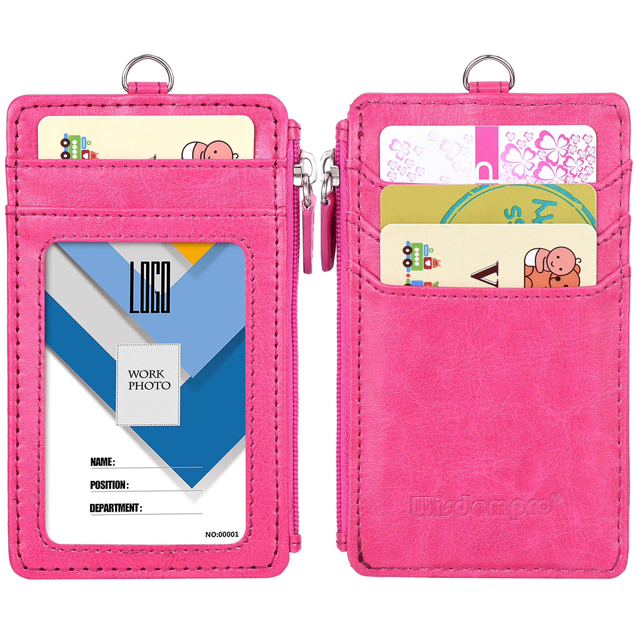Wisdompro Porta Badge da Collo con Cerniera, 50 cm Portachiavi, 4 Slot, Finestra Trasparente, Rosa Caldo